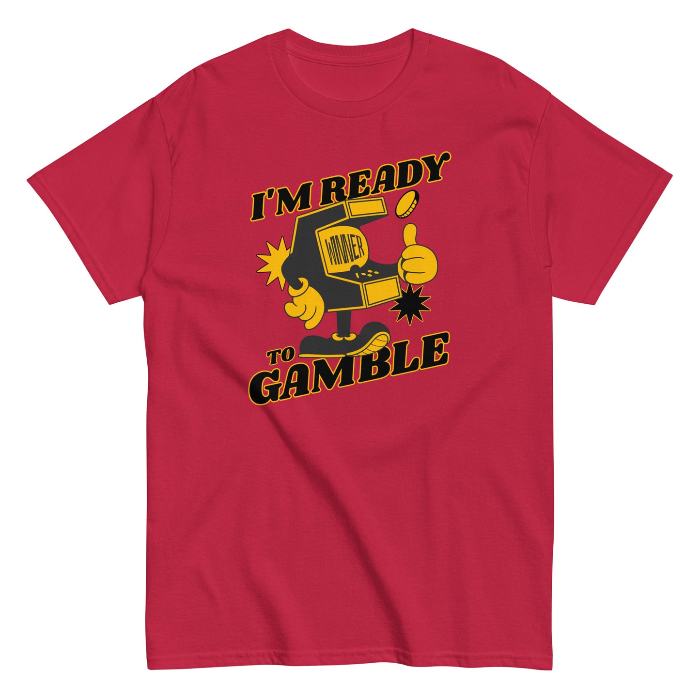 The Im Ready To Gamble T-Shirt by FunnyDripStore comes in gold and features a cartoon slot machine giving a thumbs up with coins, stars, and bold IM READY TO GAMBLE text—perfect for fans of unique and funny clothing.