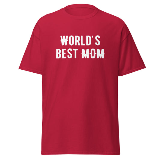 The FunnyDripStore Worlds Best Mom T-Shirt in cardinal features bold white lettering—ideal funny merch for those seeking meme-style or humorous clothing for moms.