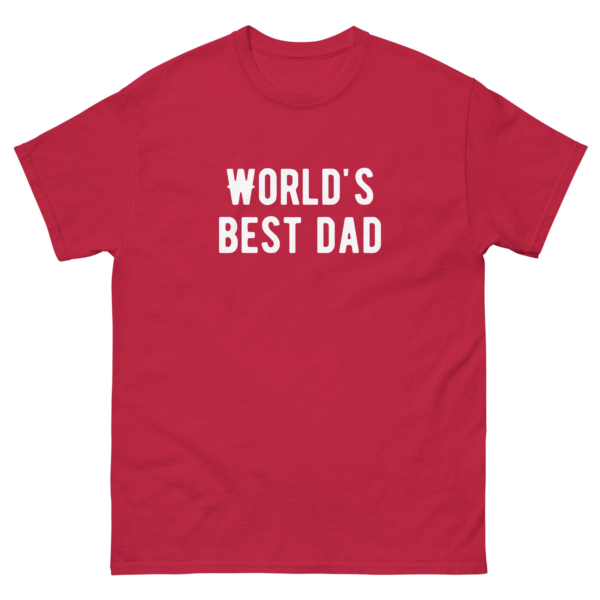 The FunnyDripStore Worlds Best Dad T-Shirt in navy features WORLDS BEST DAD in bold white letters, with the W styled as a mustache—a funny, unique gift for dads who love humorous clothing.