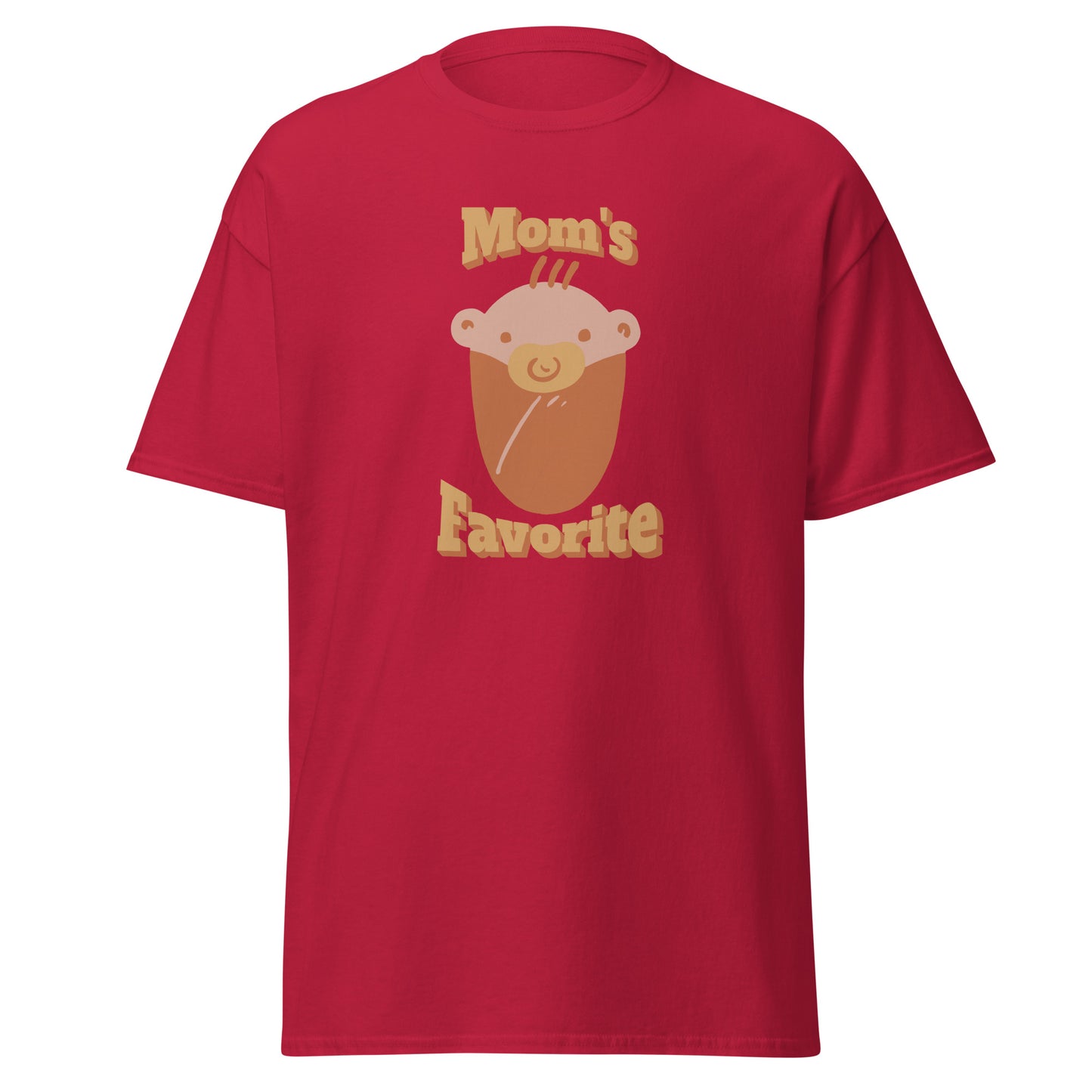 FunnyDripStore’s Moms Favorite T-Shirt in black features a cartoon baby face with a pacifier and “Moms Favorite” text in light brown—a playful, funny tee perfect for anyone who loves to show off their sense of humor!.
