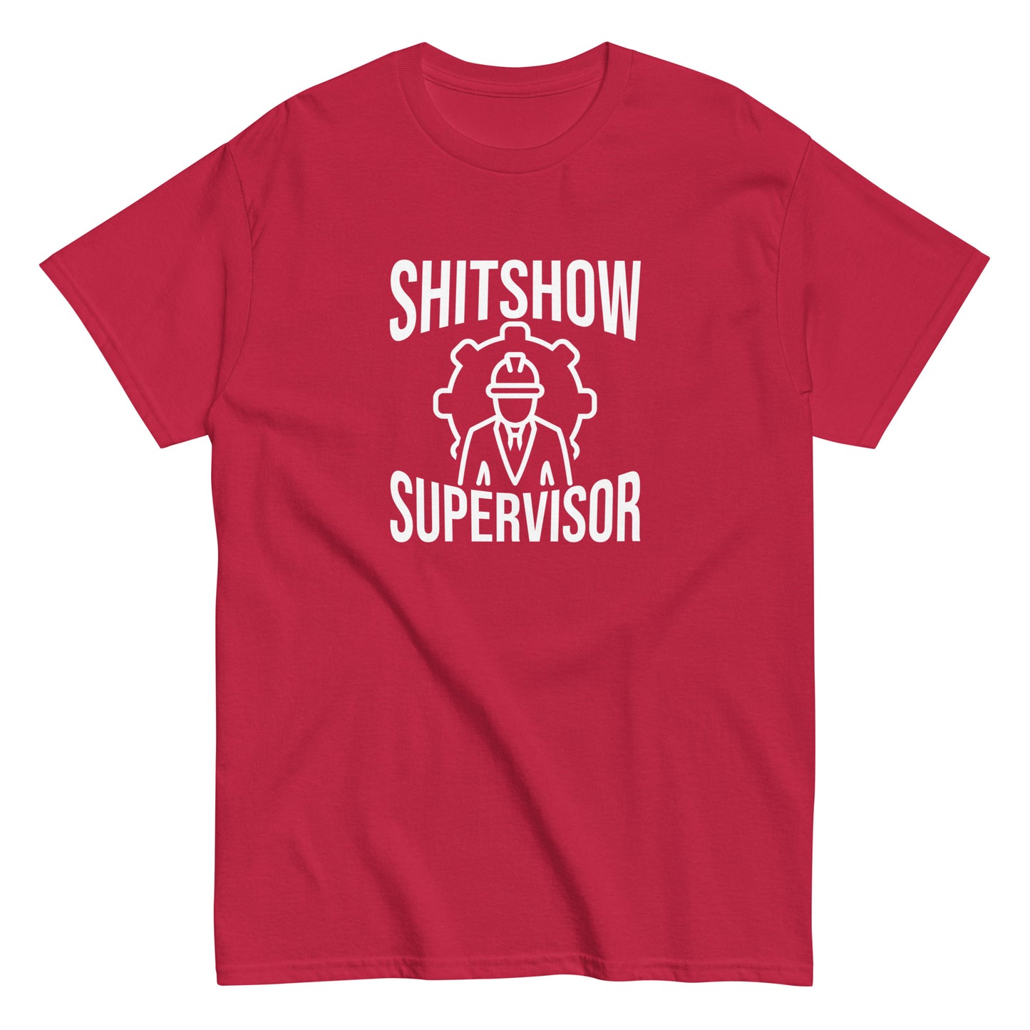 The Shitshow Supervisor T-Shirt by FunnyDripStore features “SHITSHOW SUPERVISOR” in white and a supervisor line drawing—perfect funny merch for meme lovers seeking humor tees.