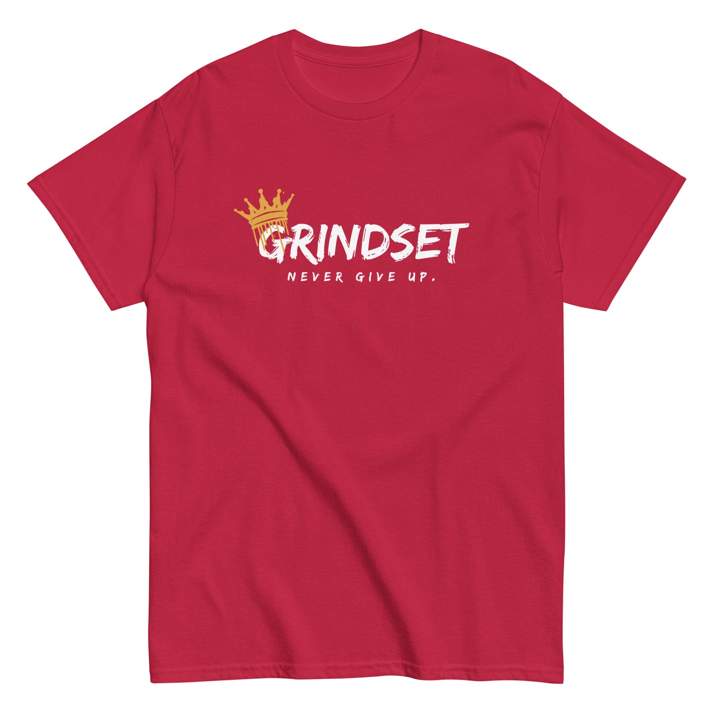 The Grindset T-Shirt by FunnyDripStore is a purple tee featuring GRINDSET in bold white letters with a gold crown over the G, and NEVER GIVE UP. below—ideal for fans of clever text shirts.