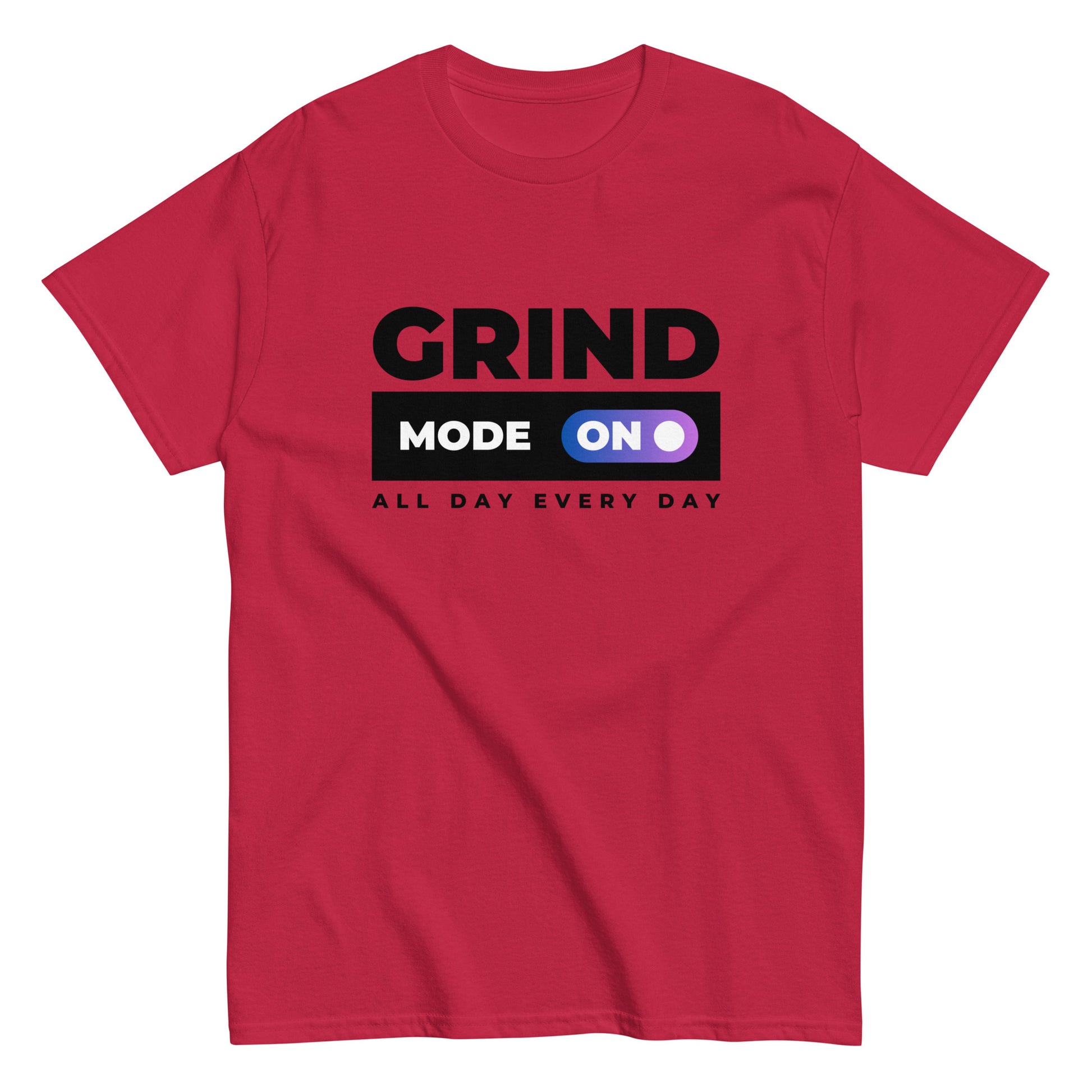 The Grind Mode On T-Shirt by FunnyDripStore features bold black GRIND MODE text with a purple ON switch icon on white. Below, ALL DAY EVERY DAY appears in smaller black text—a fun pick for nonstop hustlers.