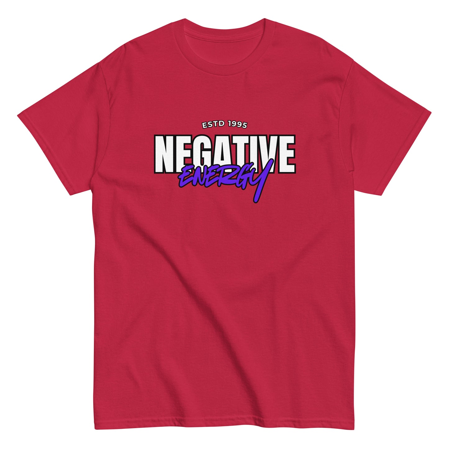 The Negative Energy T-Shirt by FunnyDripStore is a white tee featuring bold black and purple ESTD 1996 NEGATIVE ENERGY lettering—perfect for fans of witty, playful merch.