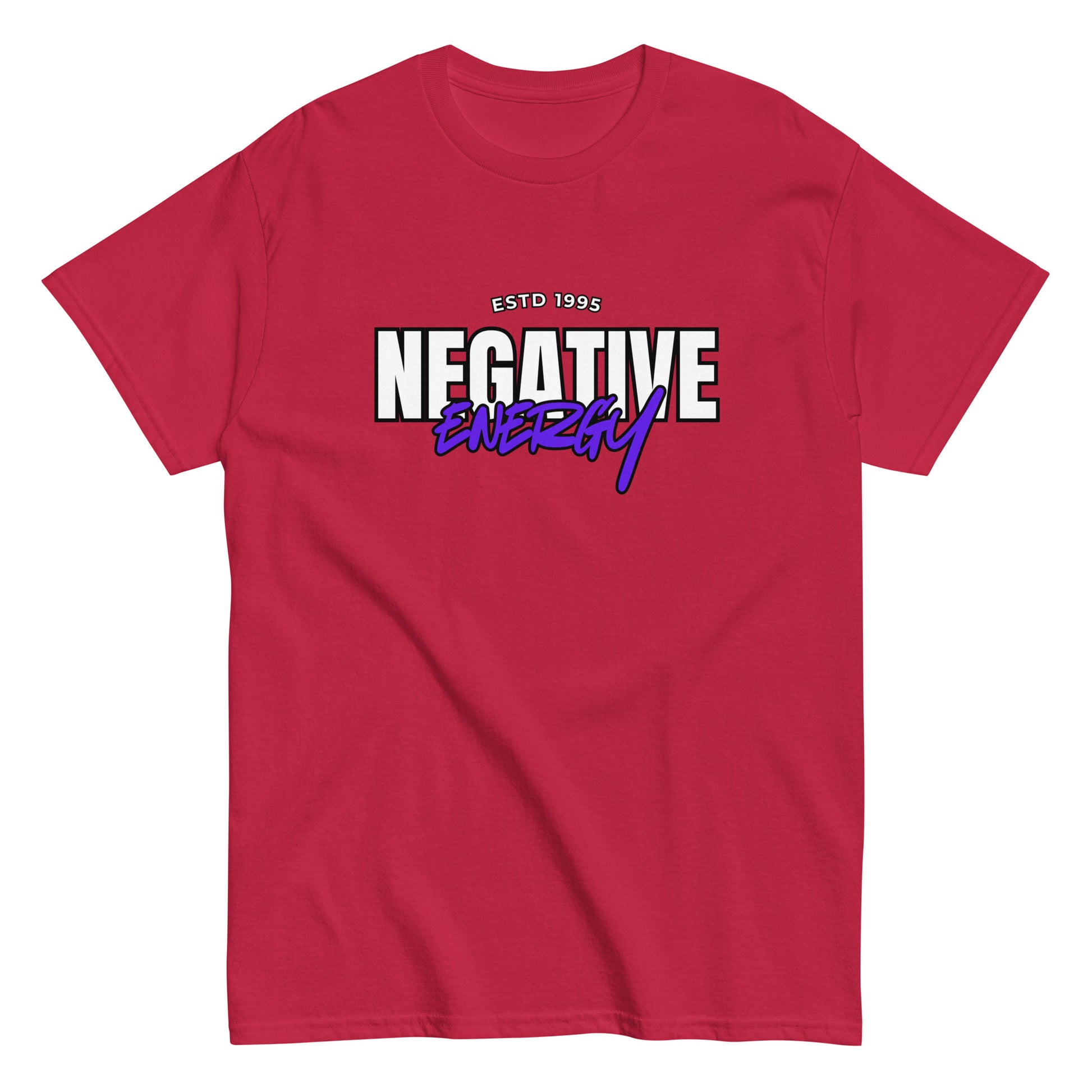 The Negative Energy T-Shirt by FunnyDripStore is a white tee featuring bold black and purple ESTD 1996 NEGATIVE ENERGY lettering—perfect for fans of witty, playful merch.