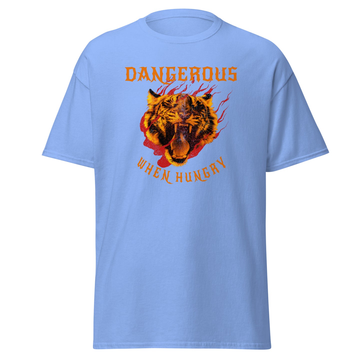 The Dangerous When Hungry T-Shirt by FunnyDripStore features a bold tiger head with flames and yellow-orange text reading DANGEROUS above and WHEN HUNGRY below—perfect for anyone who loves funny, eye-catching style.