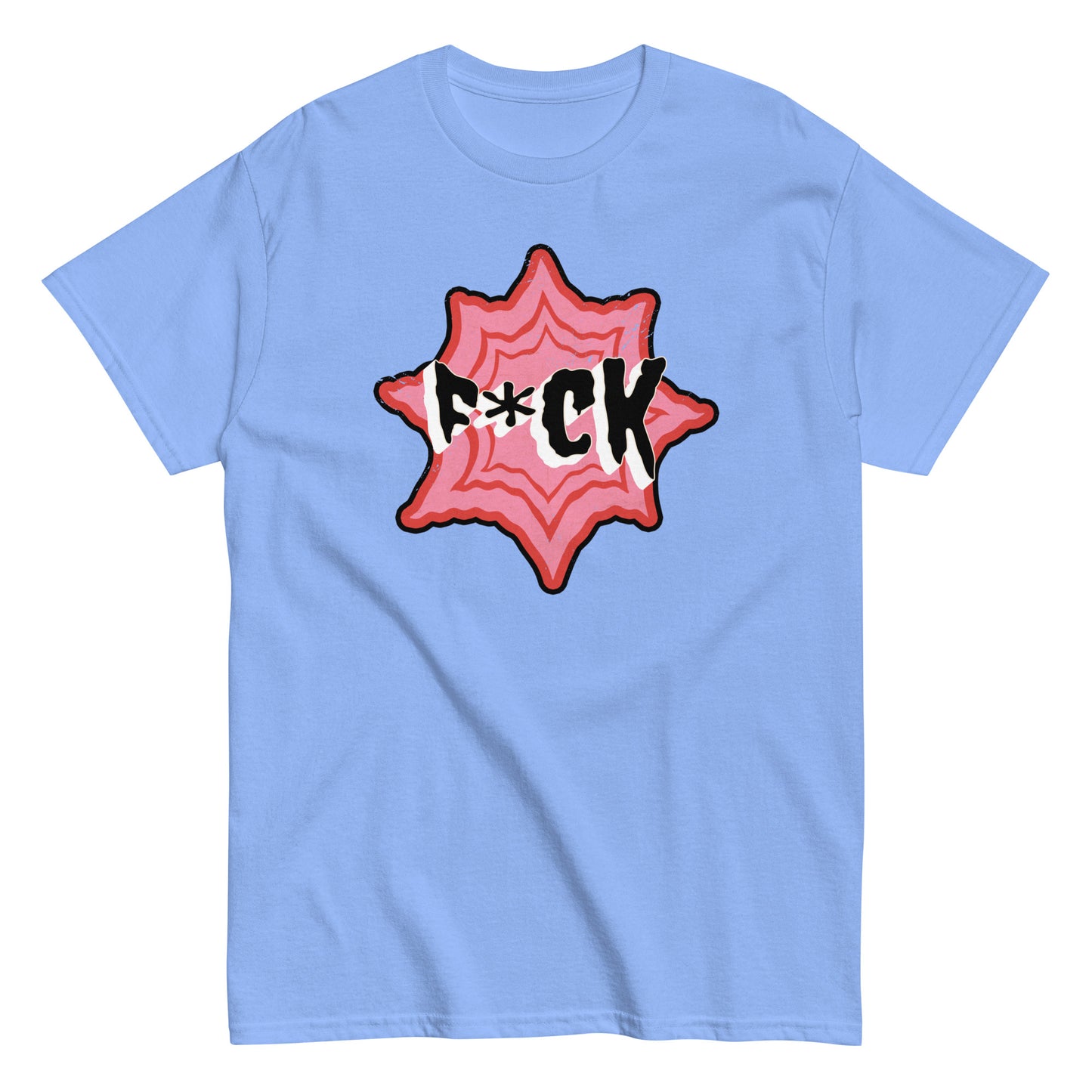 The F*ck T-Shirt by FunnyDripStore is a black tee with F*CK in bold black and white letters, a red asterisk as the U, all centered in a jagged red and pink starburst—a standout funny merch item.