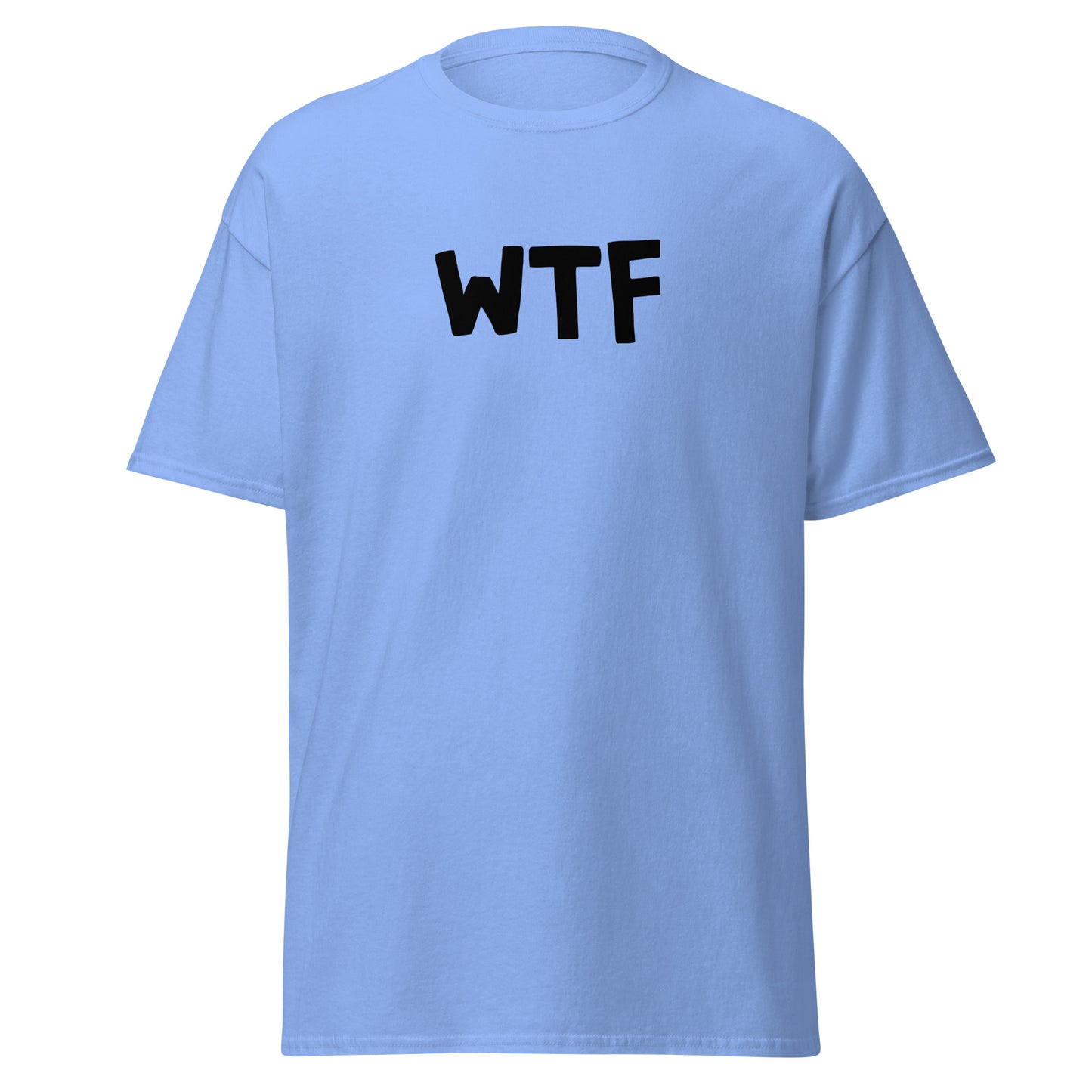 The WTF T-Shirt by FunnyDripStore is a black meme tee with bold, white, cartoon-style WTF lettering—ideal for anyone who loves wearing a funny t-shirt with attitude.
