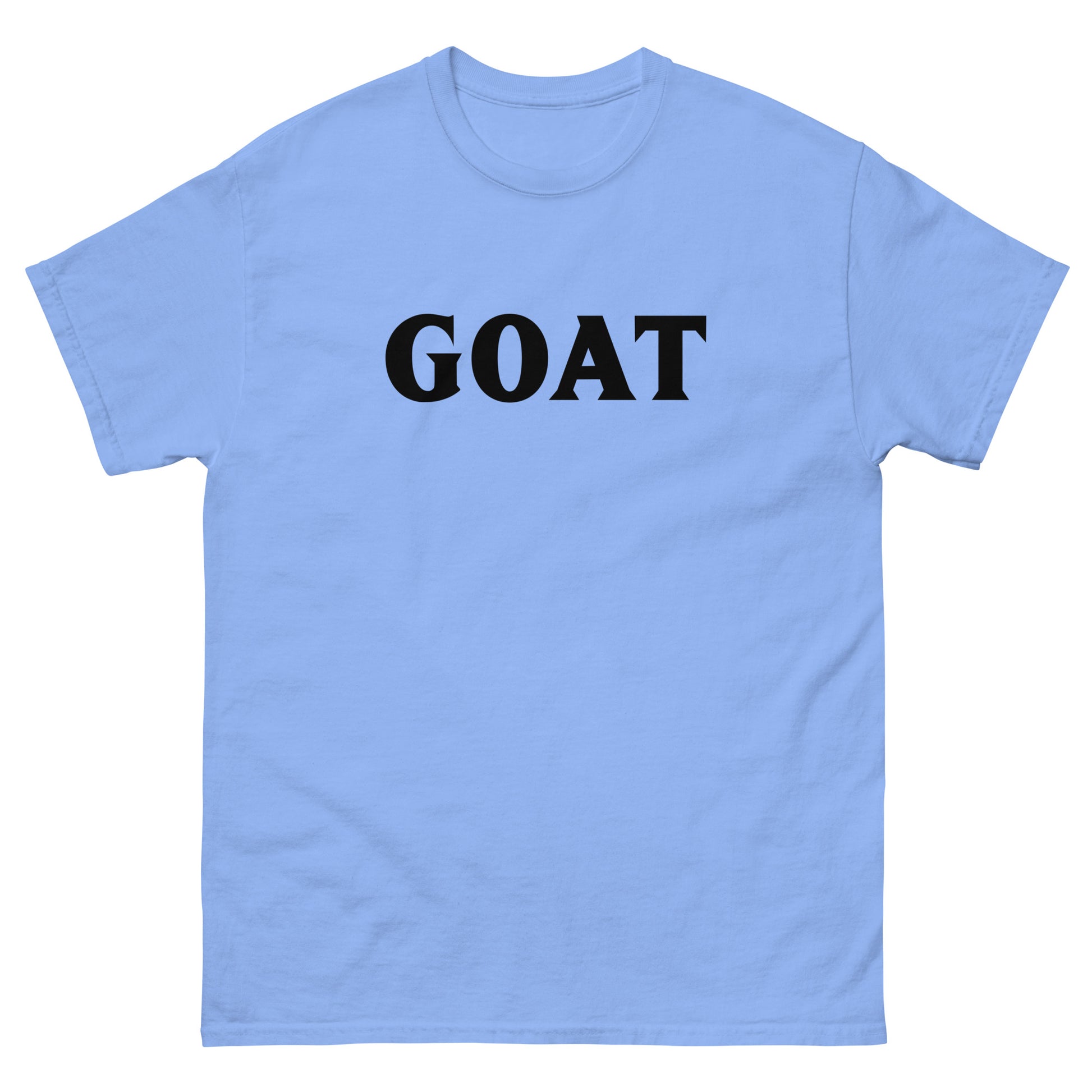 The GOAT T-Shirt by FunnyDripStore is a plain white tee with GOAT in bold, black letters across the chest—an ideal meme shirt for fans of funny clothing.