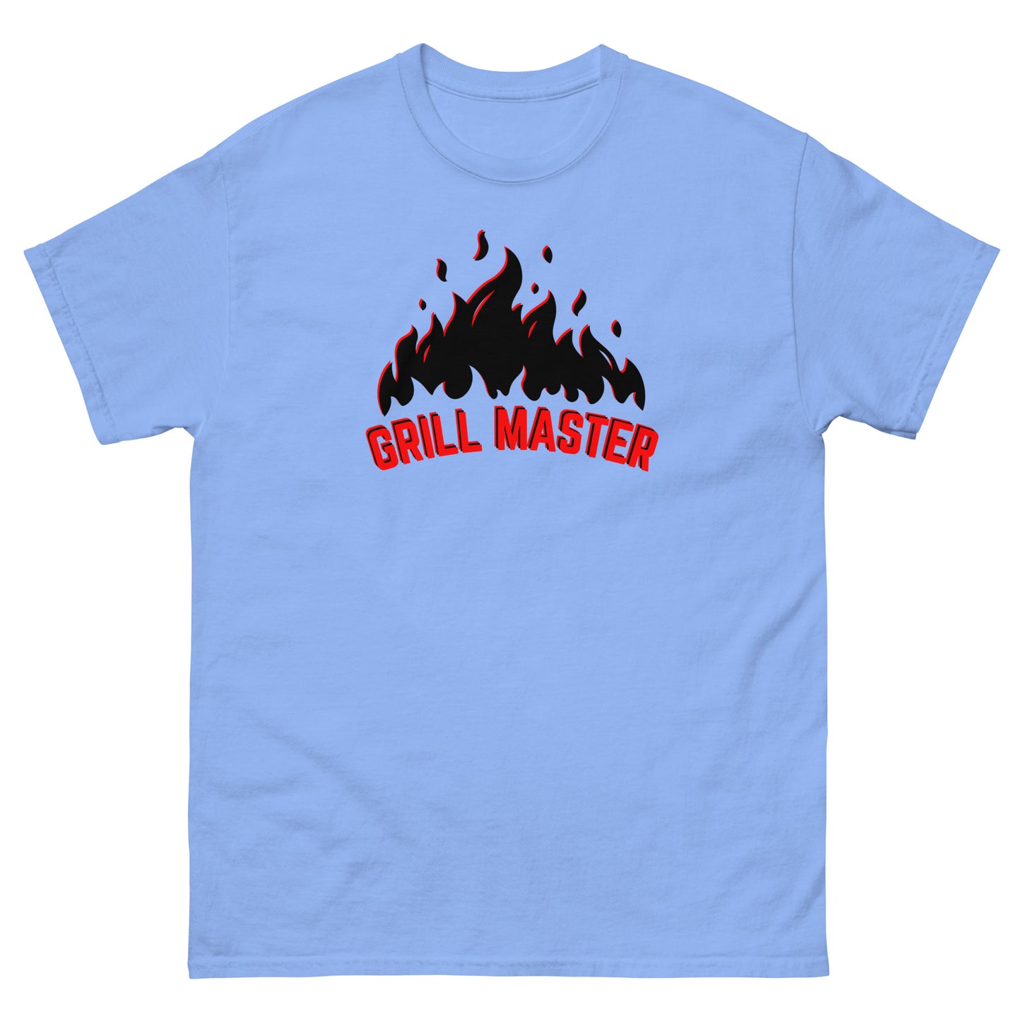 The Grill Master T-Shirt by FunnyDripStore: a yellow tee with black flames above bold red GRILL MASTER text—funny merch perfect for any BBQ lover.