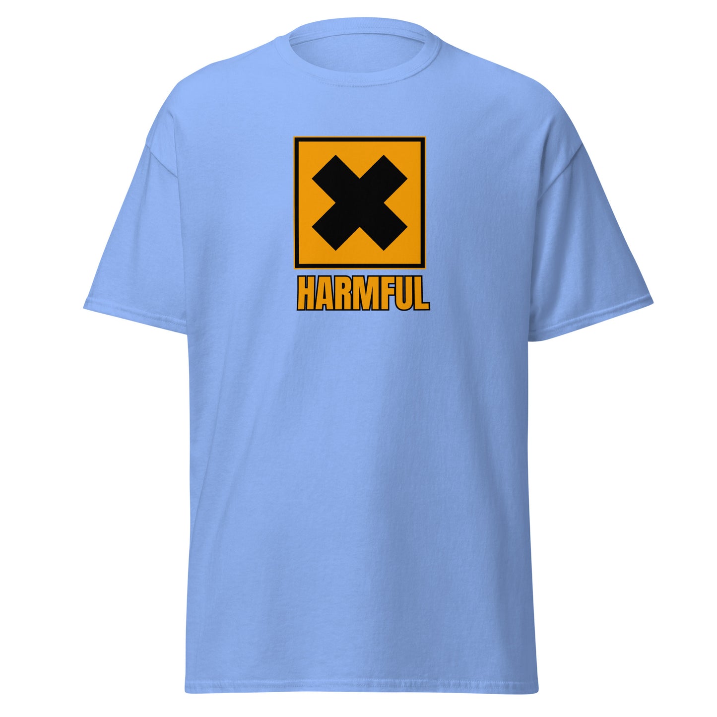 The Harmful T-Shirt by FunnyDripStore is a yellow meme shirt with a bold black X in a square above HARMFUL in black letters on the chest.