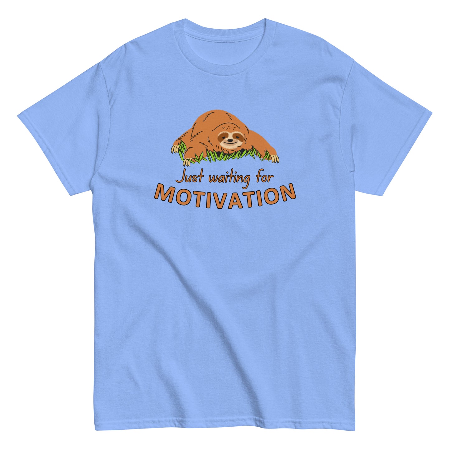 The Just Waiting For Motivation T-Shirt by FunnyDripStore features a smiling sloth on grass above bold orange and yellow text—a perfect choice for fans of funny apparel.