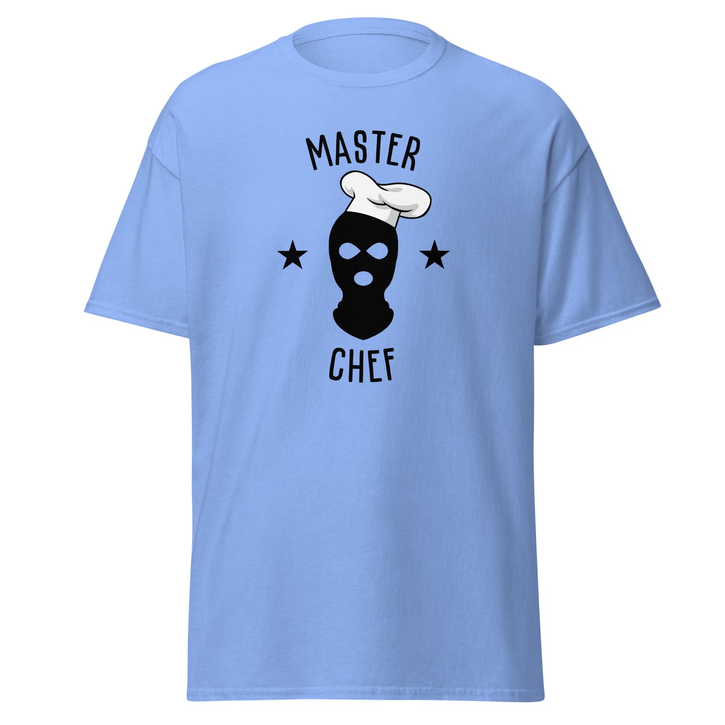 The Master Chef T-Shirt by FunnyDripStore features a black ski mask in a chef’s hat, two black stars, and bold “MASTER CHEF” text above and below the graphic.