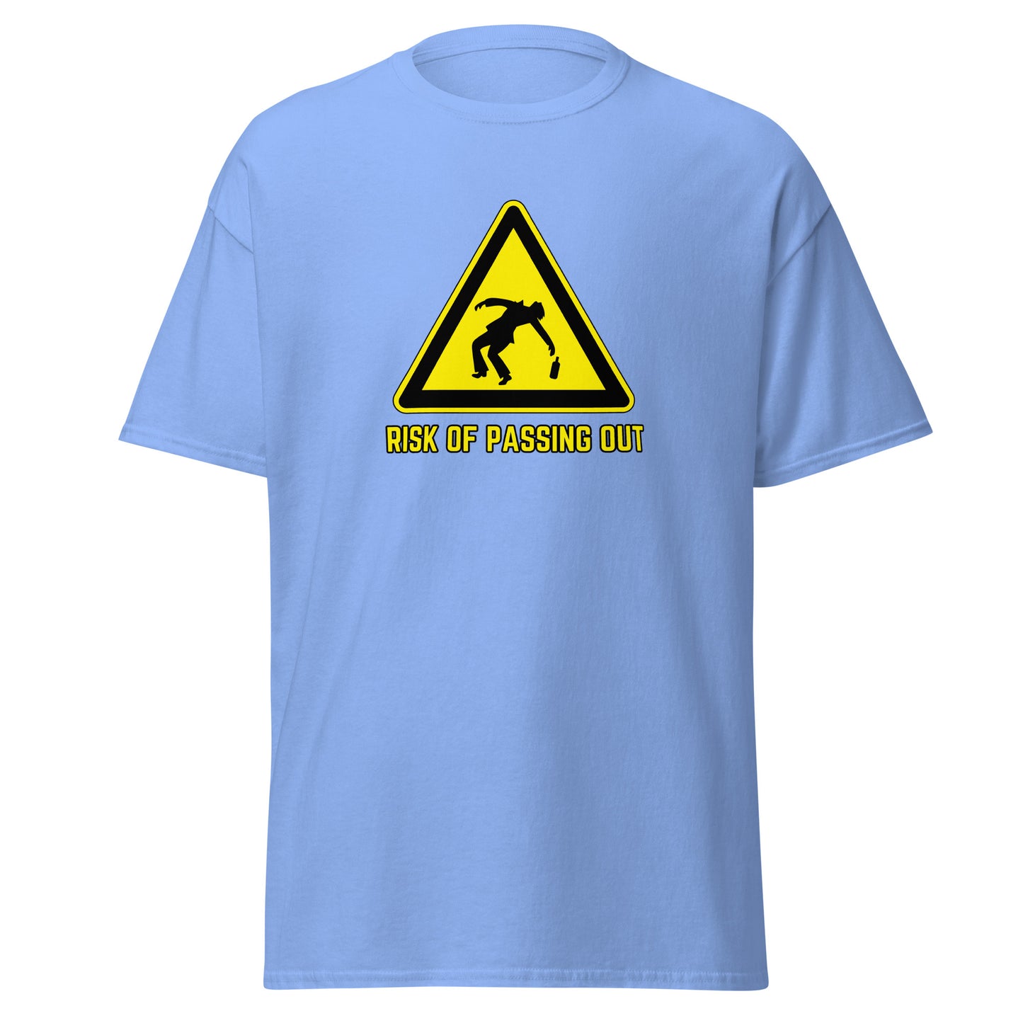 The Risk Of Passing Out T-Shirt by FunnyDripStore is a black tee with a yellow warning sign and “RISK OF PASSING OUT” text—a perfect meme shirt for fans of bold, humorous style.