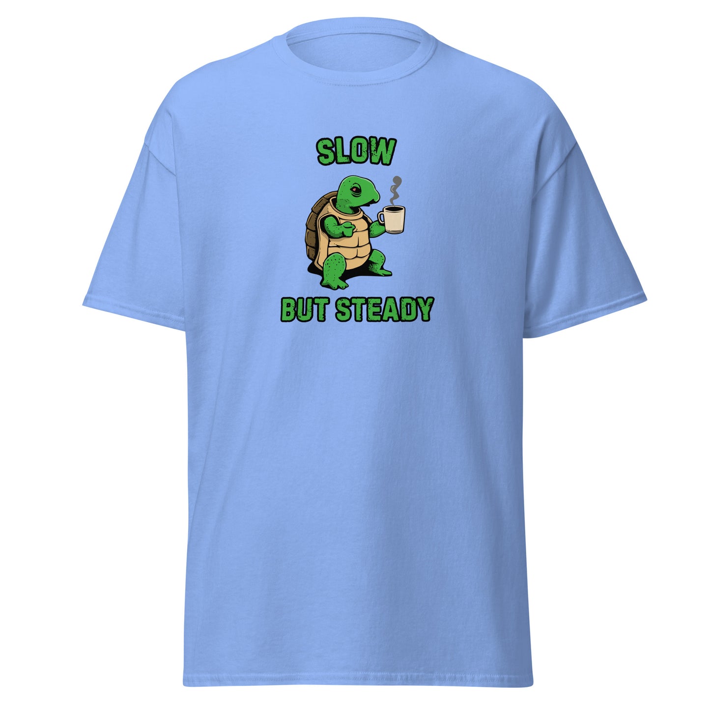 The FunnyDripStore Slow But Steady T-Shirt is a black tee with a cartoon turtle holding a coffee mug and SLOW above and BUT STEADY below in green—perfect meme shirt for coffee lovers.