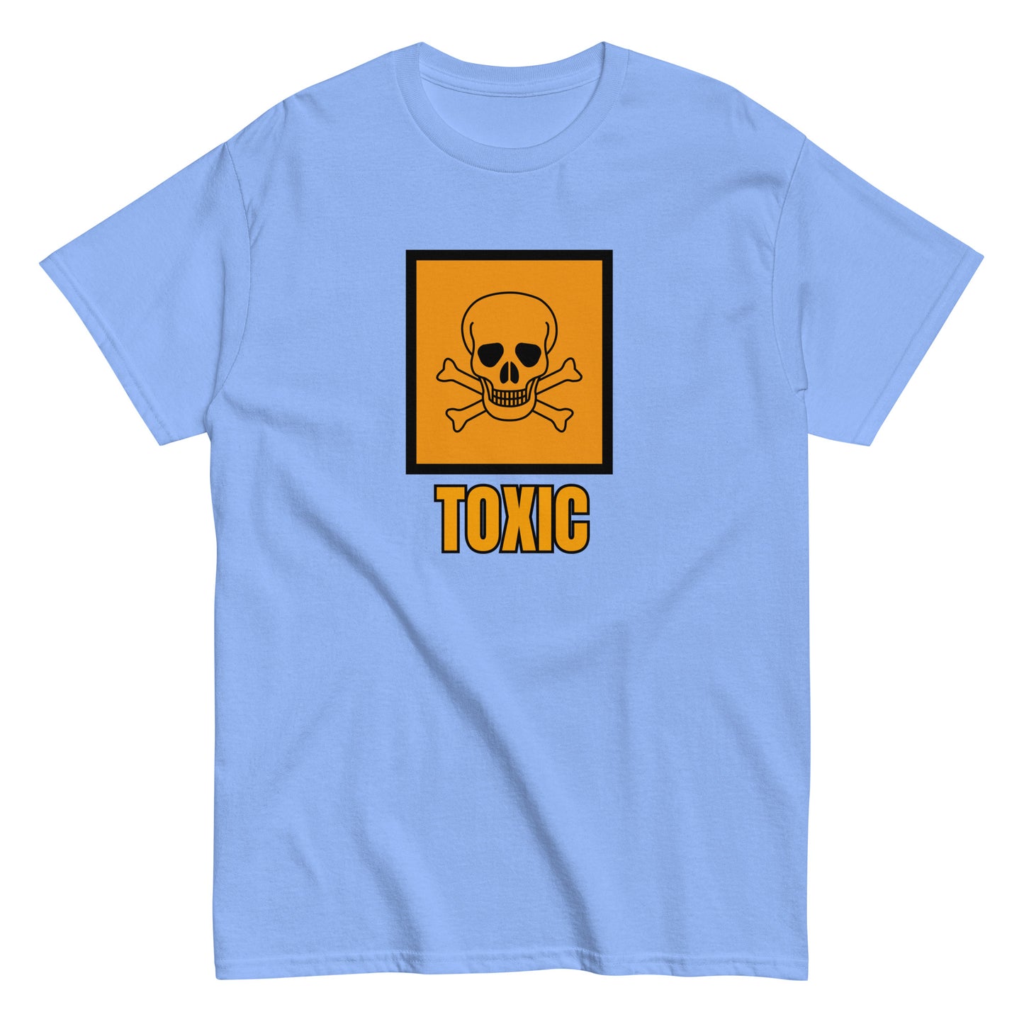 The FunnyDripStore Toxic T-Shirt features a bold yellow square with a black skull and crossbones above TOXIC in yellow on the front. This black meme shirt is perfect for those who love humorous clothing.