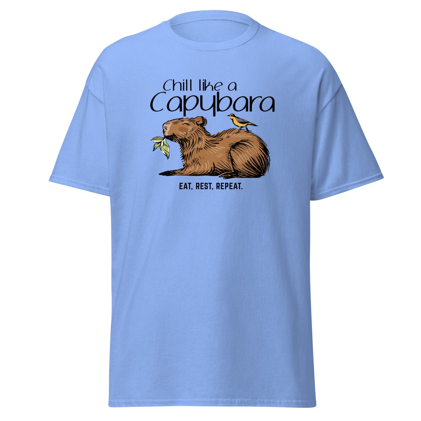 Chill Like A Capybara T-Shirt by FunnyDripStore: White tee with a relaxed capybara and bird eating a leaf, captioned “Chill like a Capybara” above and “Eat, rest, repeat” below. Perfect funny shirt for laid-back meme lovers!.