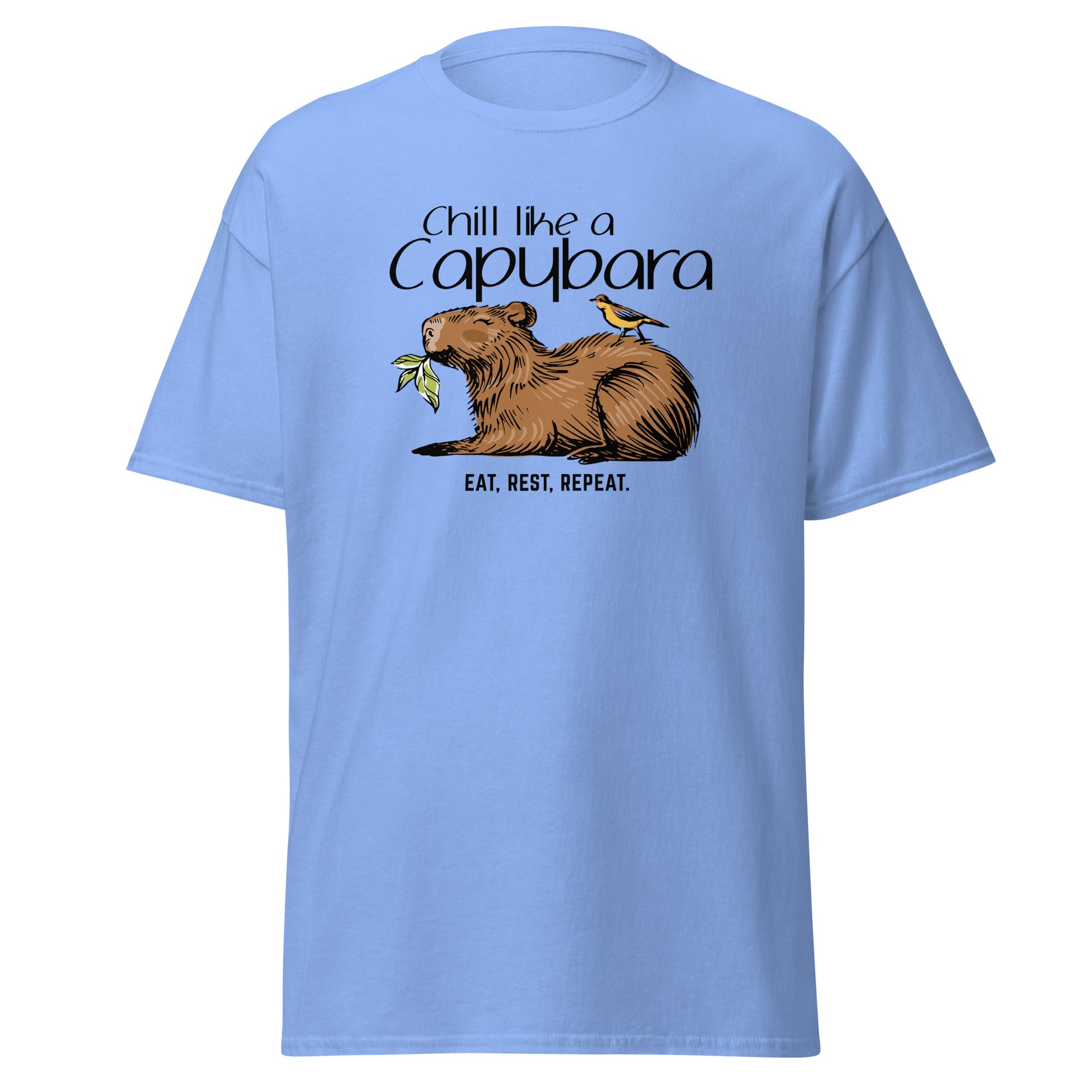 Chill Like A Capybara T-Shirt by FunnyDripStore: White tee with a relaxed capybara and bird eating a leaf, captioned “Chill like a Capybara” above and “Eat, rest, repeat” below. Perfect funny shirt for laid-back meme lovers!.