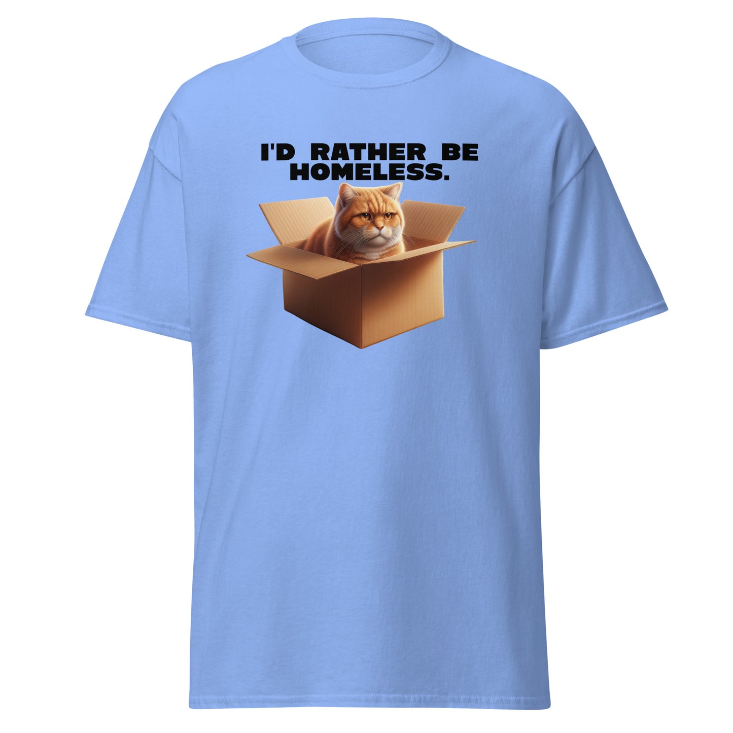 The Id Rather Be Homeless T-Shirt by FunnyDripStore features a grumpy orange cat in a box on a gold tee—perfect quirky merch for cat lovers and fans of clever text shirts.