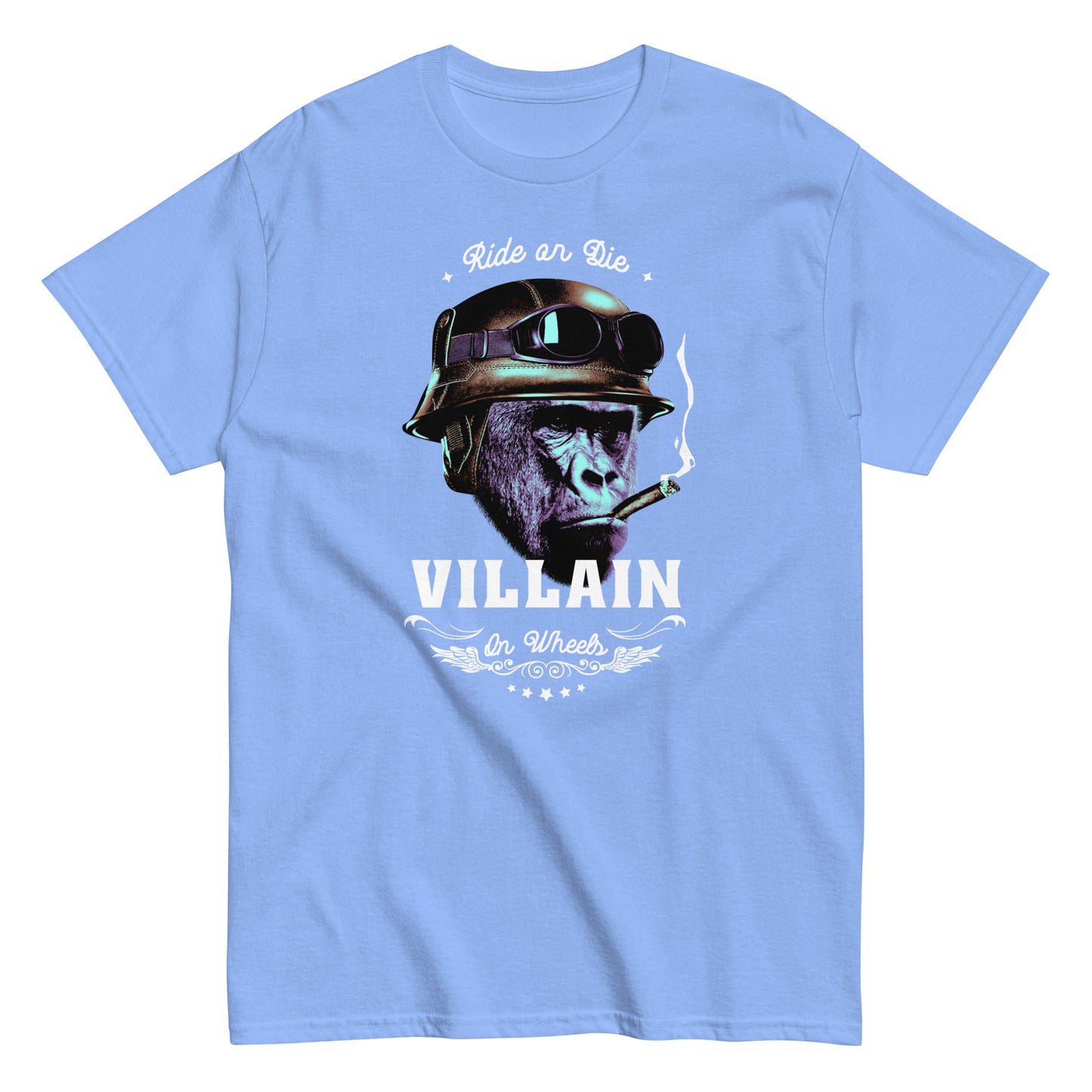 The Villain T-Shirt by FunnyDripStore features a gorilla in a helmet and goggles, smoking a cigarette, with Ride or Die above and Villain on Wheels below. This bold black tee is perfect for fans of unique, funny clothing.