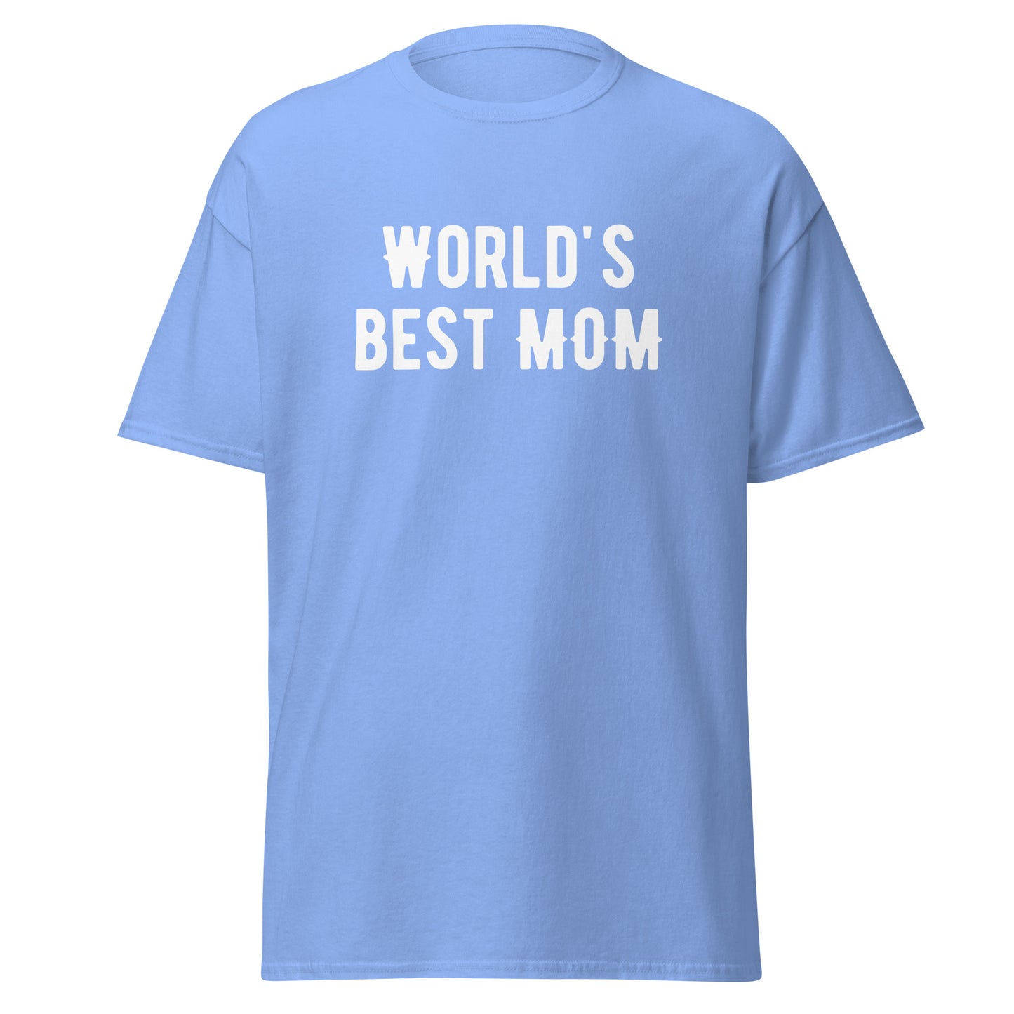 The FunnyDripStore Worlds Best Mom T-Shirt in cardinal features bold white lettering—ideal funny merch for those seeking meme-style or humorous clothing for moms.