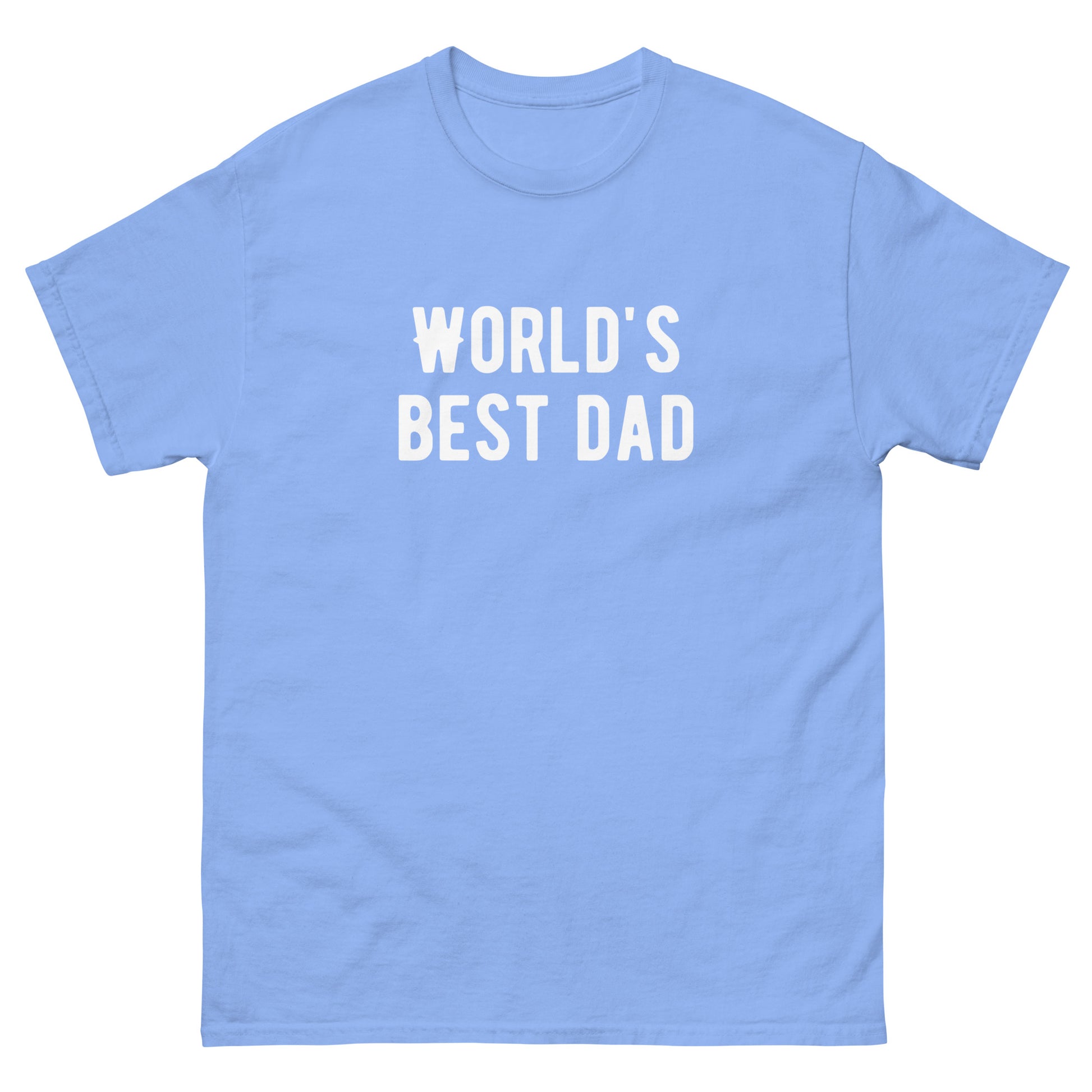 The FunnyDripStore Worlds Best Dad T-Shirt in navy features WORLDS BEST DAD in bold white letters, with the W styled as a mustache—a funny, unique gift for dads who love humorous clothing.