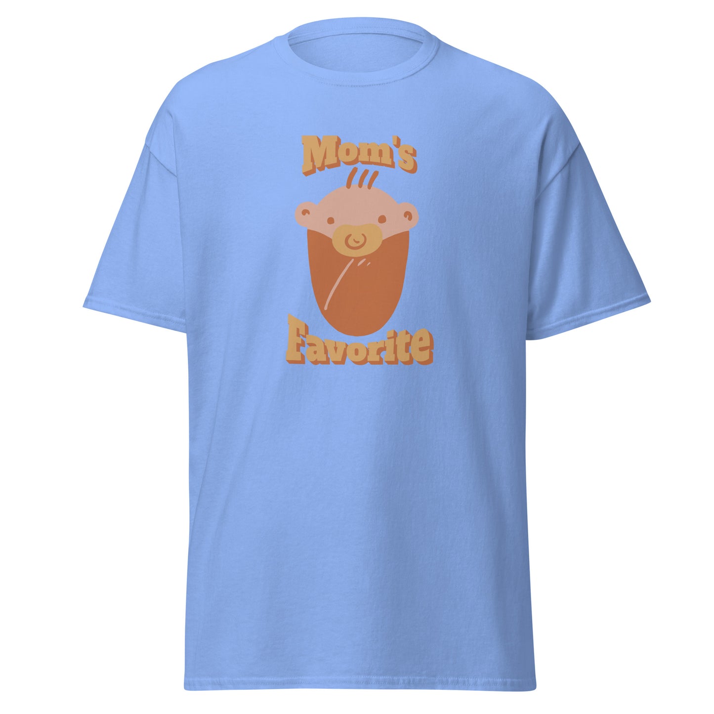 FunnyDripStore’s Moms Favorite T-Shirt in black features a cartoon baby face with a pacifier and “Moms Favorite” text in light brown—a playful, funny tee perfect for anyone who loves to show off their sense of humor!.