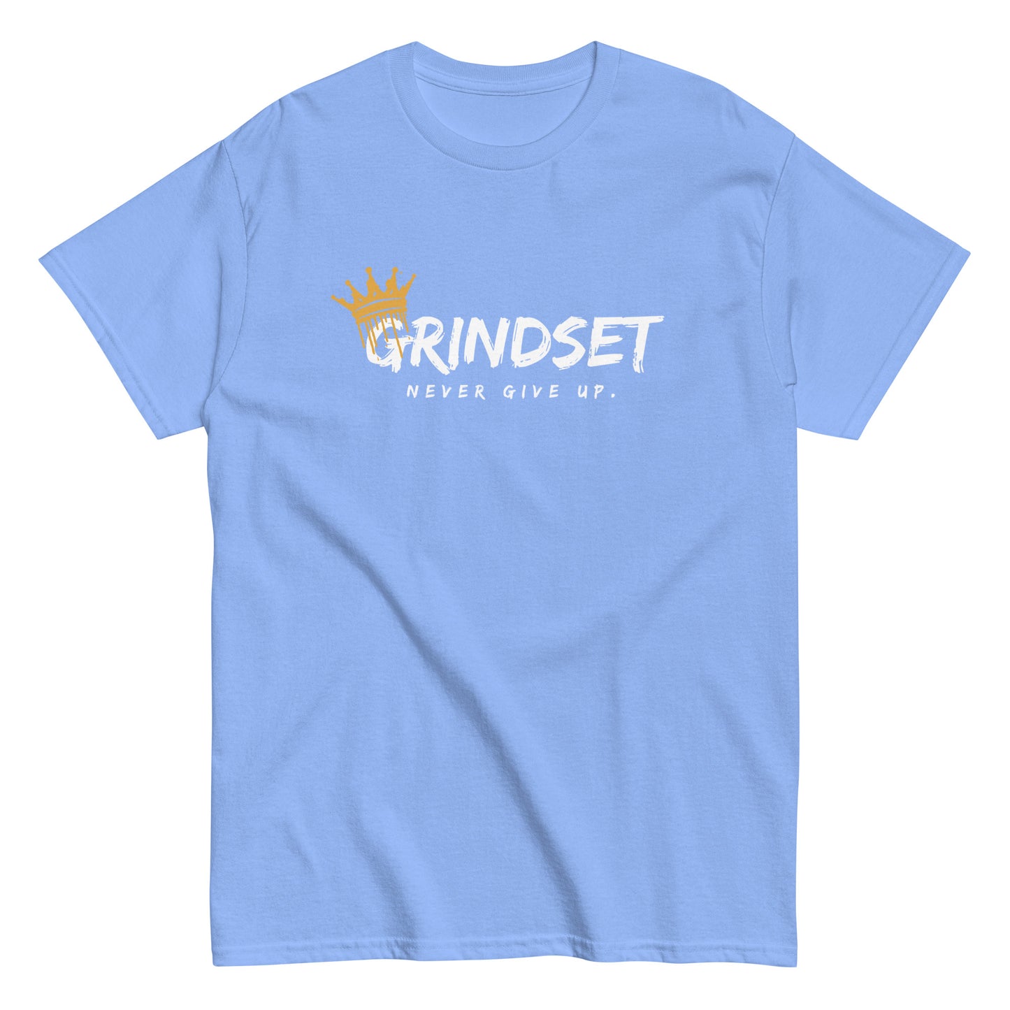 The Grindset T-Shirt by FunnyDripStore is a purple tee featuring GRINDSET in bold white letters with a gold crown over the G, and NEVER GIVE UP. below—ideal for fans of clever text shirts.
