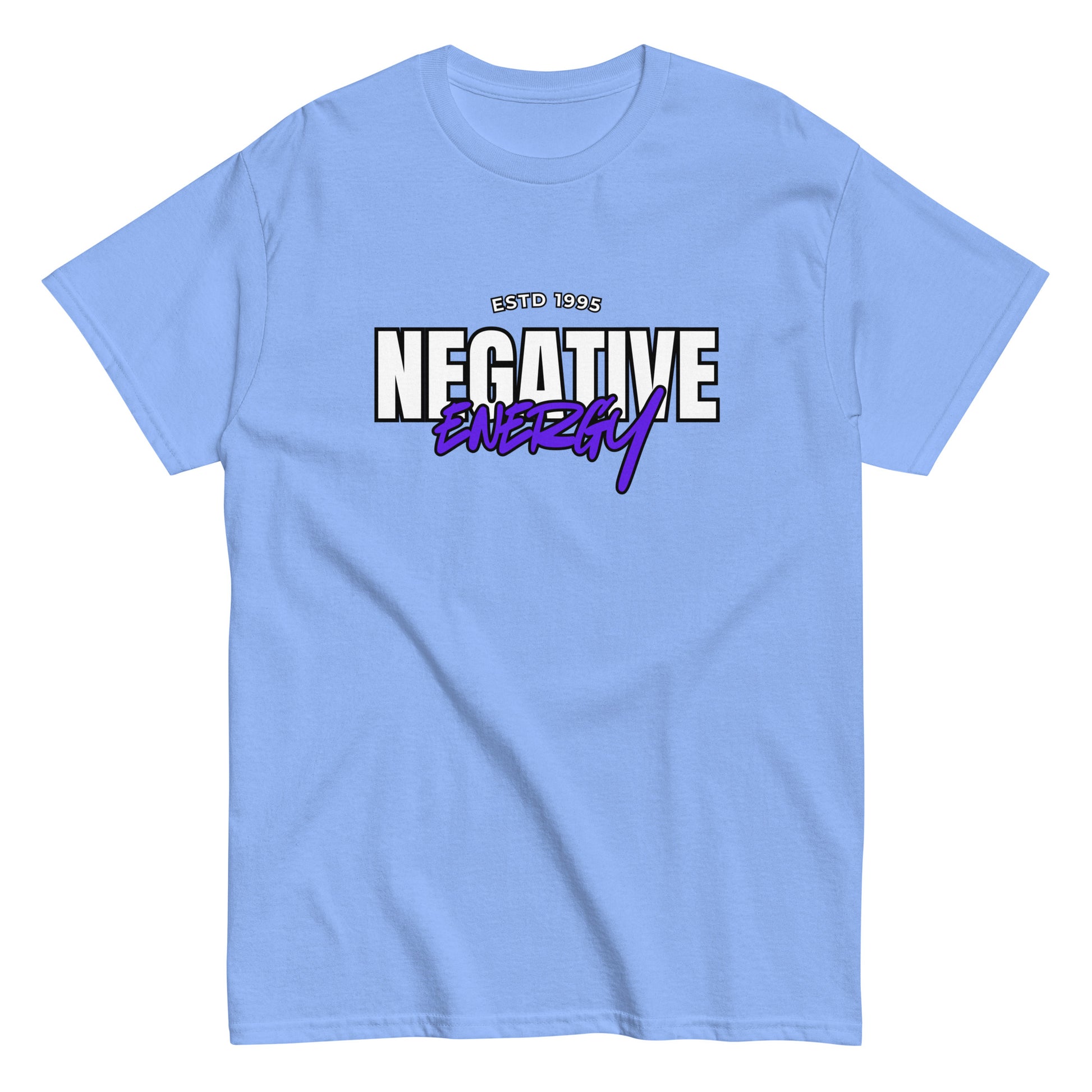 The Negative Energy T-Shirt by FunnyDripStore is a white tee featuring bold black and purple ESTD 1996 NEGATIVE ENERGY lettering—perfect for fans of witty, playful merch.
