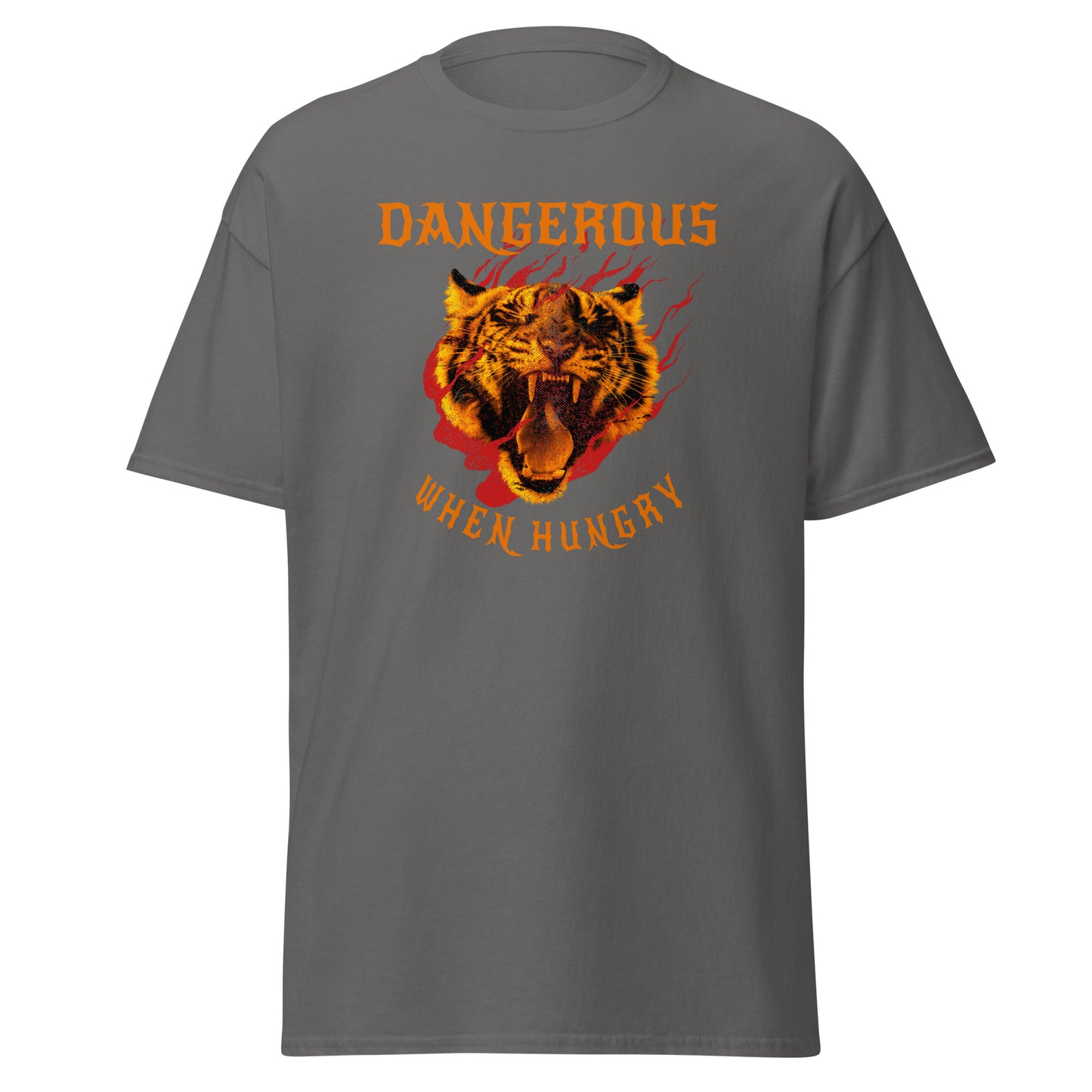 The Dangerous When Hungry T-Shirt by FunnyDripStore features a bold tiger head with flames and yellow-orange text reading DANGEROUS above and WHEN HUNGRY below—perfect for anyone who loves funny, eye-catching style.