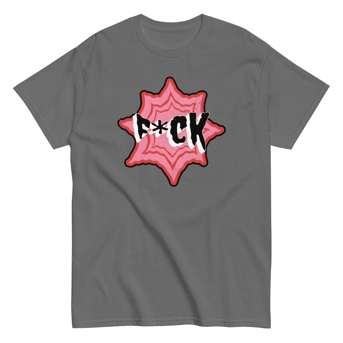 The F*ck T-Shirt by FunnyDripStore is a black tee with F*CK in bold black and white letters, a red asterisk as the U, all centered in a jagged red and pink starburst—a standout funny merch item.