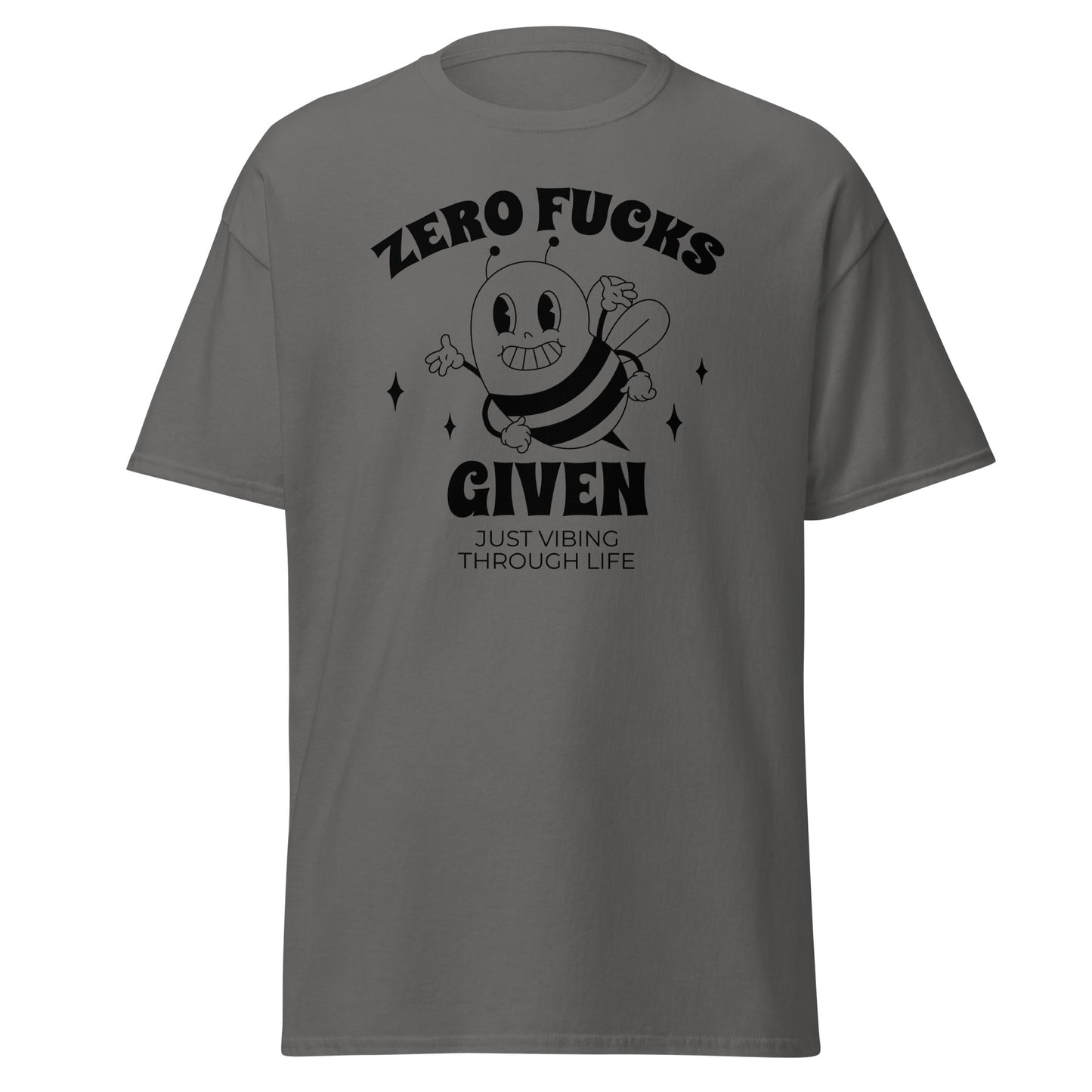 The Zero F*cks Given T-Shirt by FunnyDripStore features a smiling cartoon bee with raised arms, black sparkles, and ZERO F*CKS GIVEN plus JUST VIBING THROUGH LIFE—a perfect funny shirt for meme lovers.