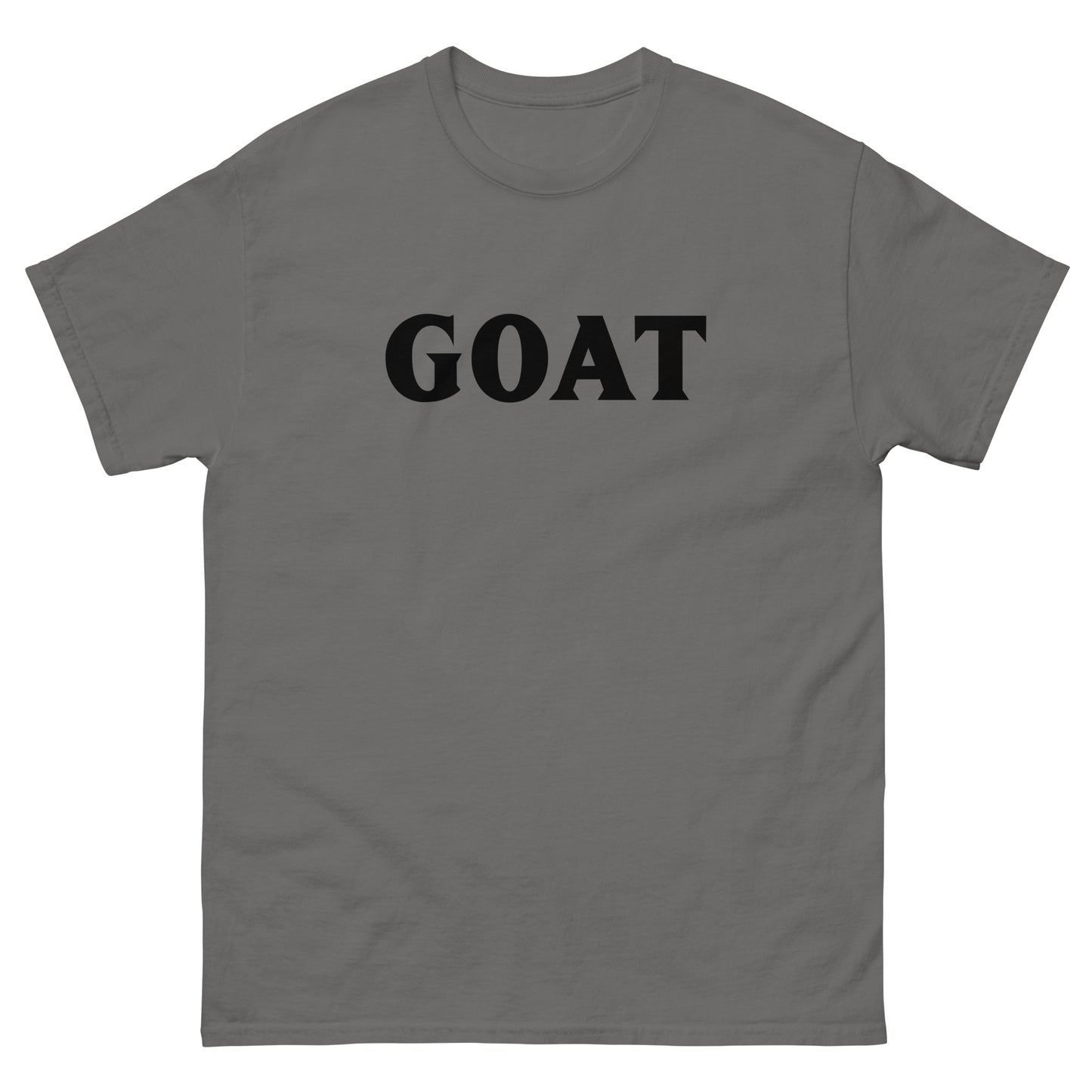 The GOAT T-Shirt by FunnyDripStore is a plain white tee with GOAT in bold, black letters across the chest—an ideal meme shirt for fans of funny clothing.
