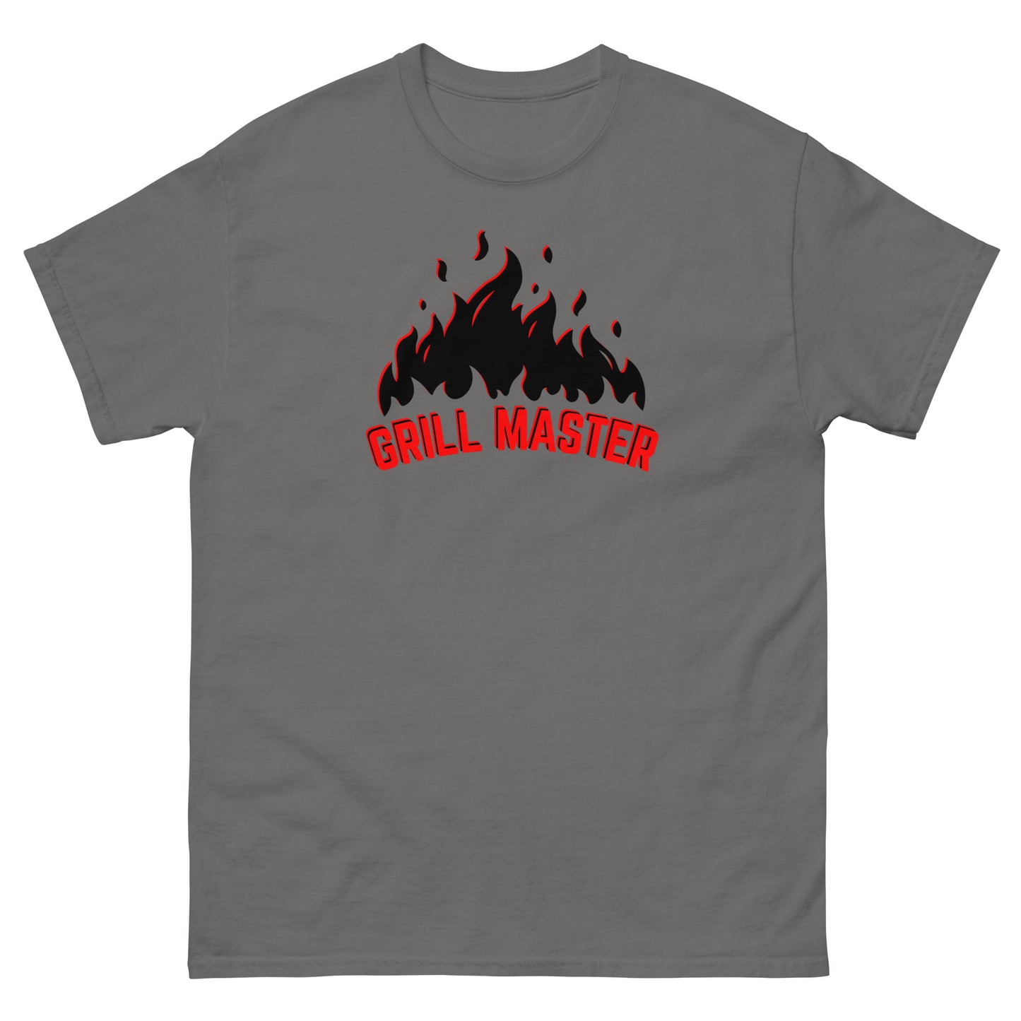 The Grill Master T-Shirt by FunnyDripStore: a yellow tee with black flames above bold red GRILL MASTER text—funny merch perfect for any BBQ lover.