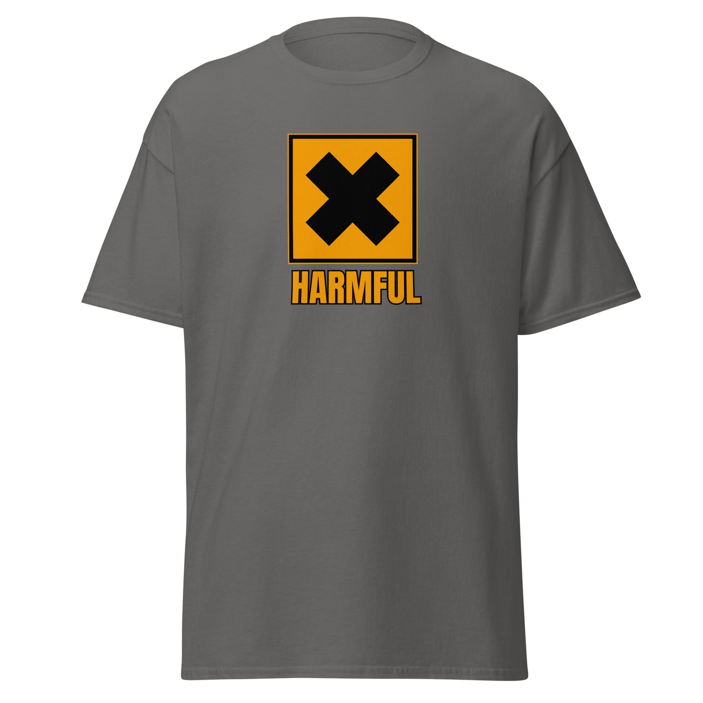The Harmful T-Shirt by FunnyDripStore is a yellow meme shirt with a bold black X in a square above HARMFUL in black letters on the chest.