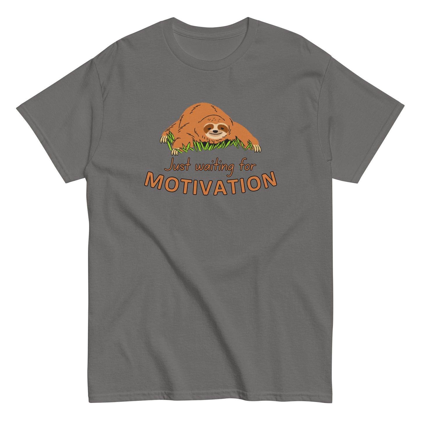 The Just Waiting For Motivation T-Shirt by FunnyDripStore features a smiling sloth on grass above bold orange and yellow text—a perfect choice for fans of funny apparel.