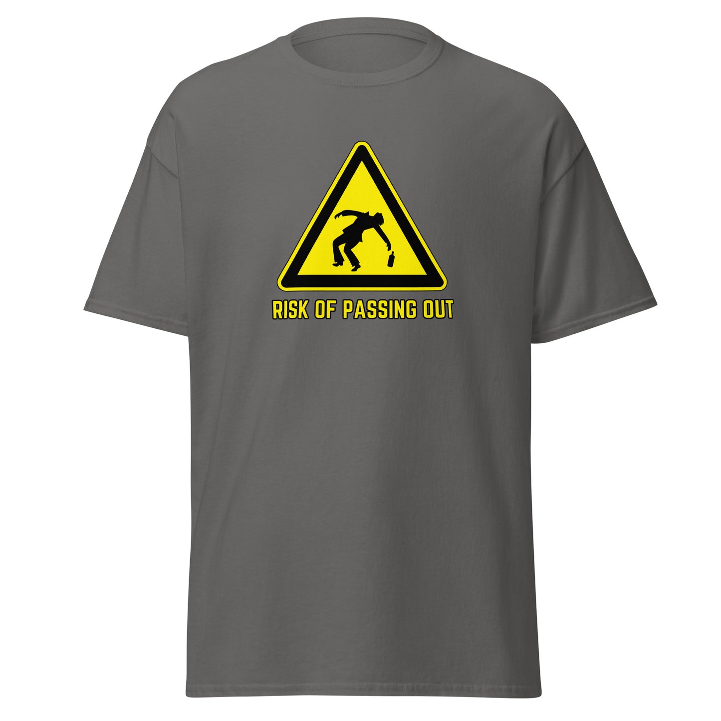 The Risk Of Passing Out T-Shirt by FunnyDripStore is a black tee with a yellow warning sign and “RISK OF PASSING OUT” text—a perfect meme shirt for fans of bold, humorous style.