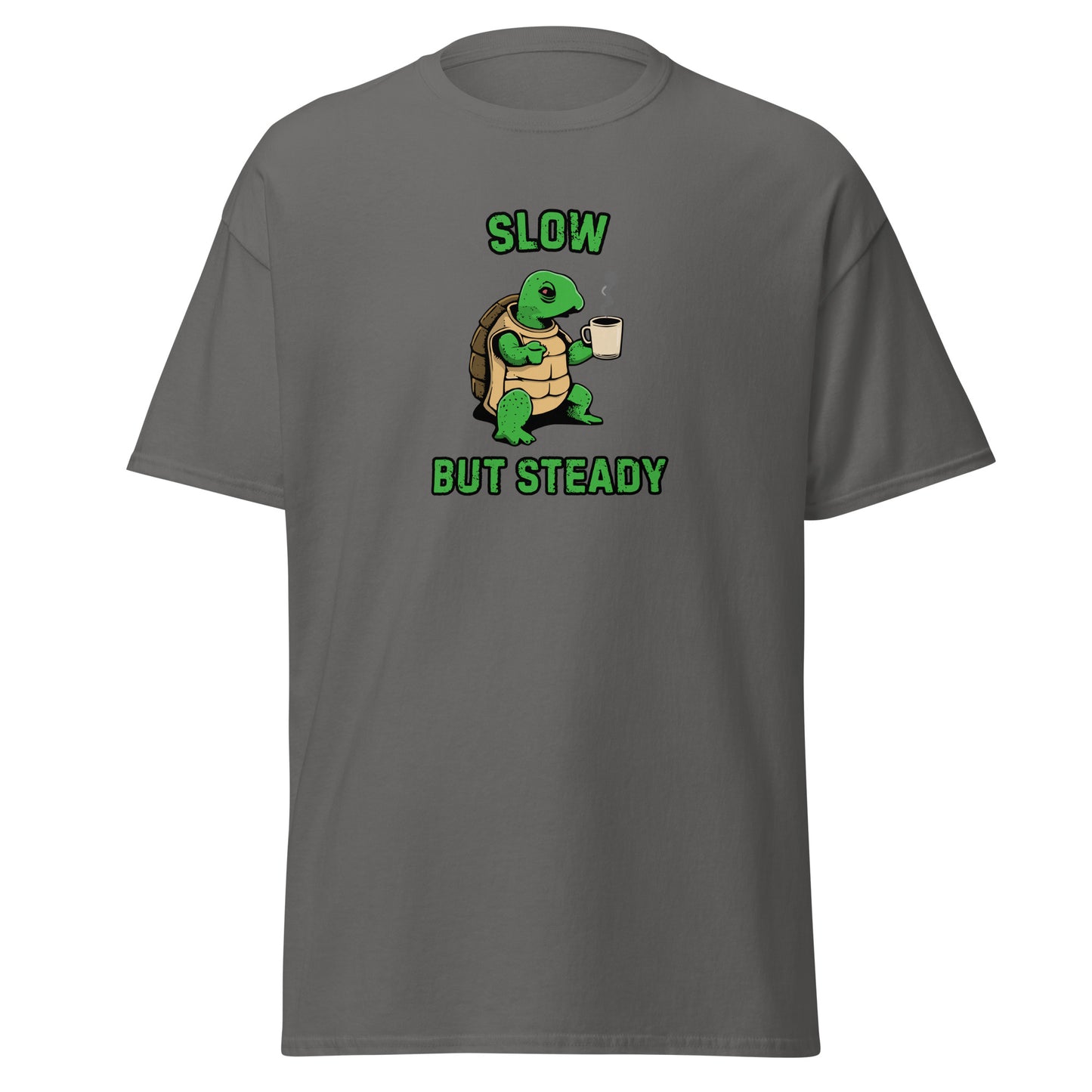 The FunnyDripStore Slow But Steady T-Shirt is a black tee with a cartoon turtle holding a coffee mug and SLOW above and BUT STEADY below in green—perfect meme shirt for coffee lovers.