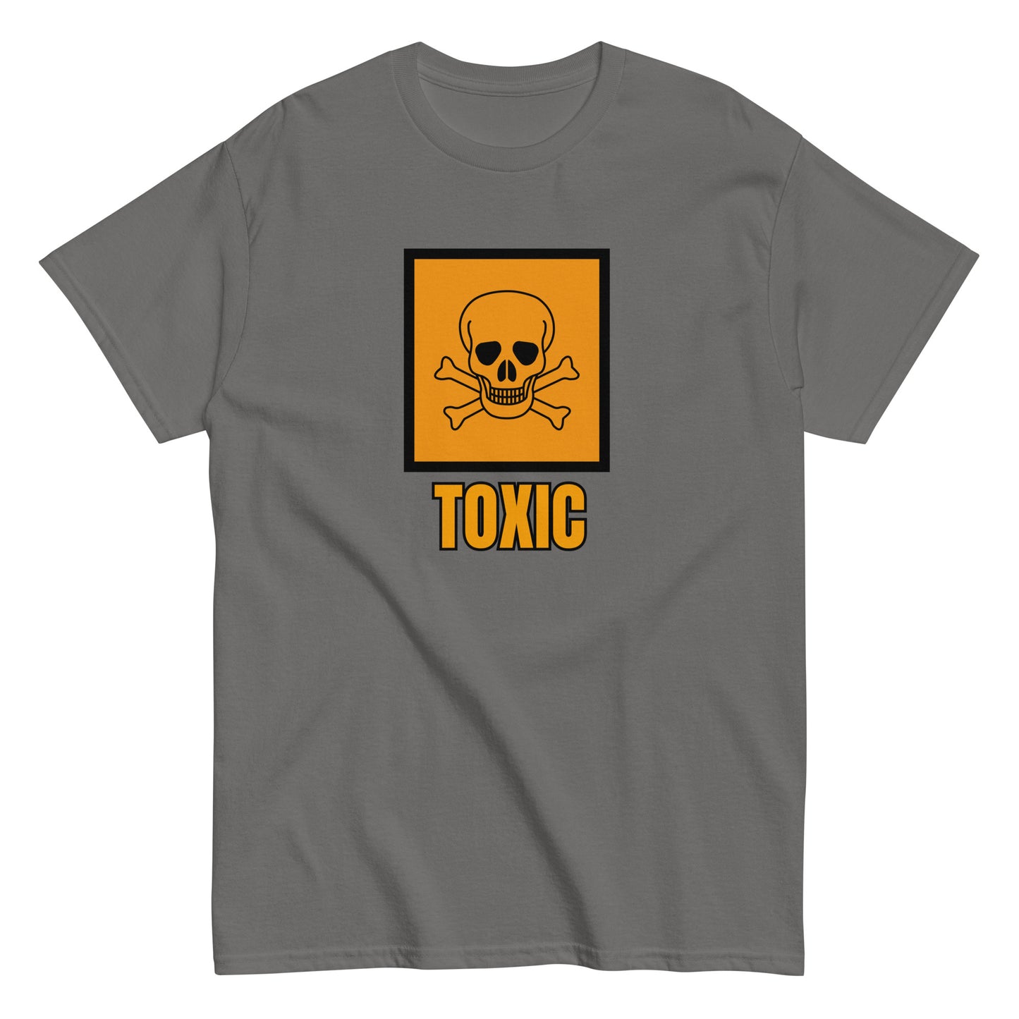 The FunnyDripStore Toxic T-Shirt features a bold yellow square with a black skull and crossbones above TOXIC in yellow on the front. This black meme shirt is perfect for those who love humorous clothing.