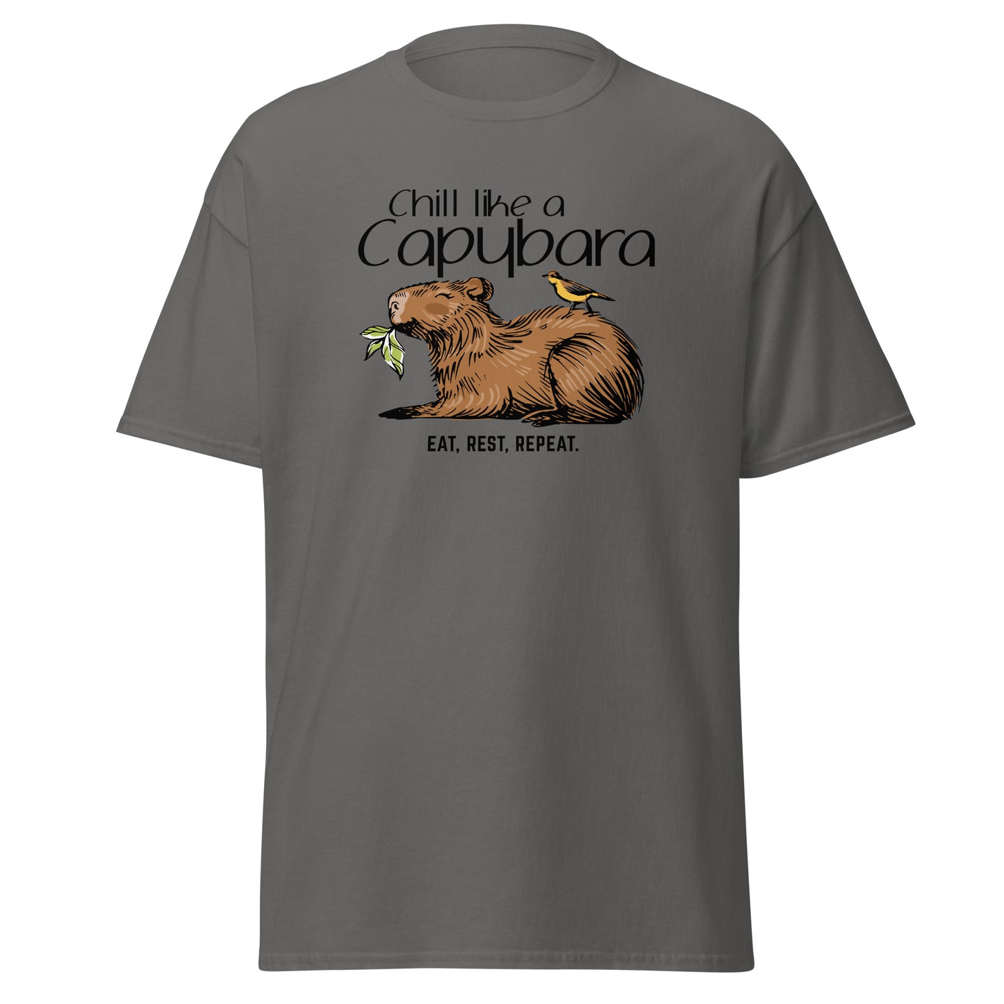 Chill Like A Capybara T-Shirt by FunnyDripStore: White tee with a relaxed capybara and bird eating a leaf, captioned “Chill like a Capybara” above and “Eat, rest, repeat” below. Perfect funny shirt for laid-back meme lovers!.