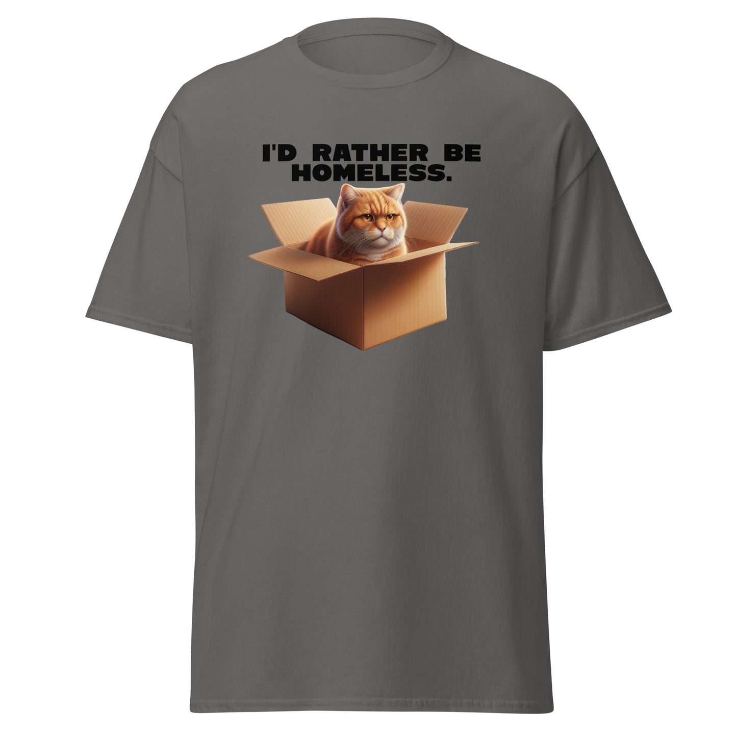 The Id Rather Be Homeless T-Shirt by FunnyDripStore features a grumpy orange cat in a box on a gold tee—perfect quirky merch for cat lovers and fans of clever text shirts.
