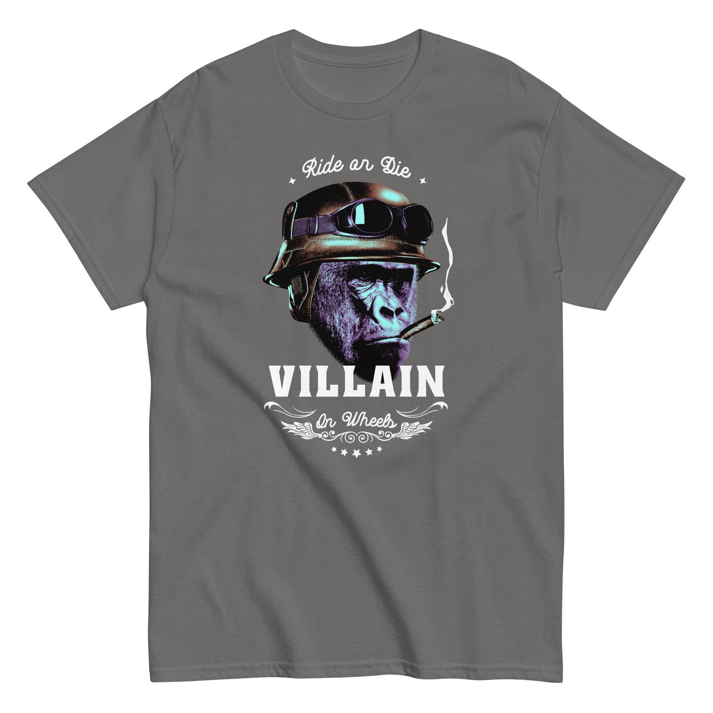 The Villain T-Shirt by FunnyDripStore features a gorilla in a helmet and goggles, smoking a cigarette, with Ride or Die above and Villain on Wheels below. This bold black tee is perfect for fans of unique, funny clothing.
