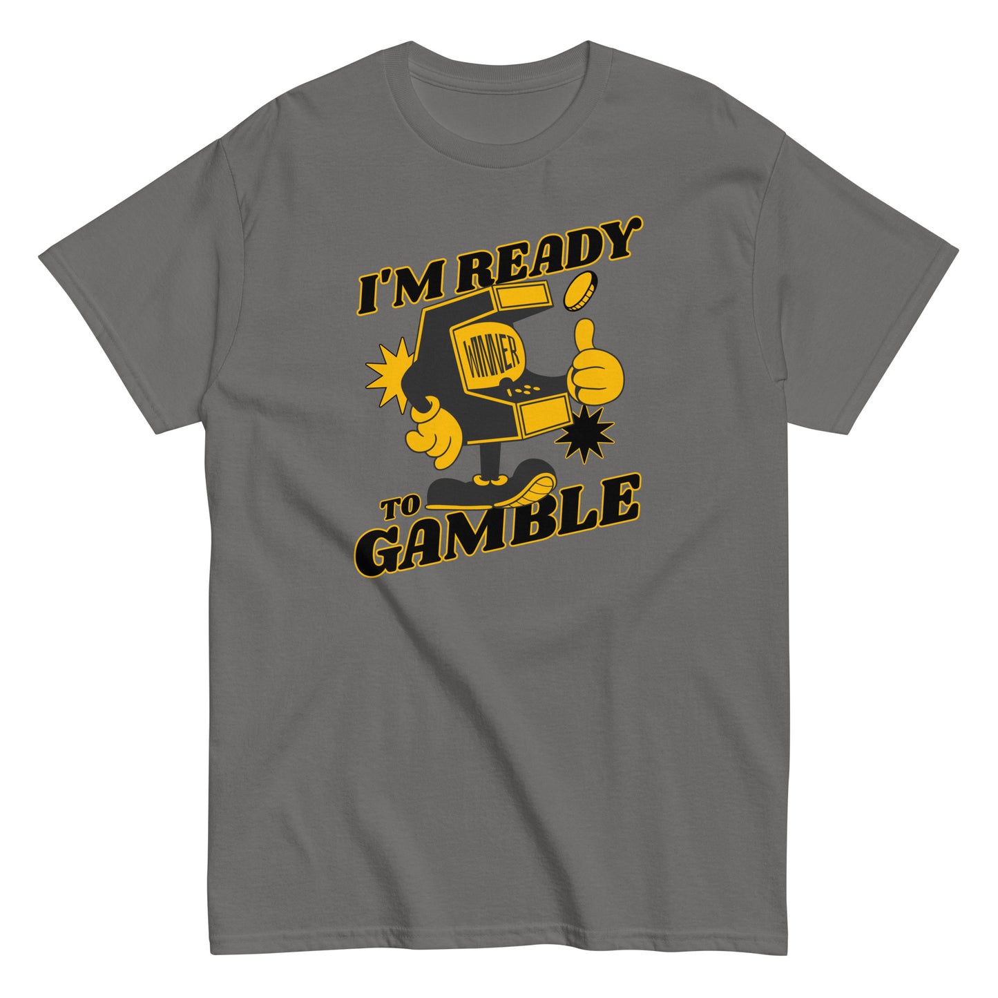 The Im Ready To Gamble T-Shirt by FunnyDripStore comes in gold and features a cartoon slot machine giving a thumbs up with coins, stars, and bold IM READY TO GAMBLE text—perfect for fans of unique and funny clothing.