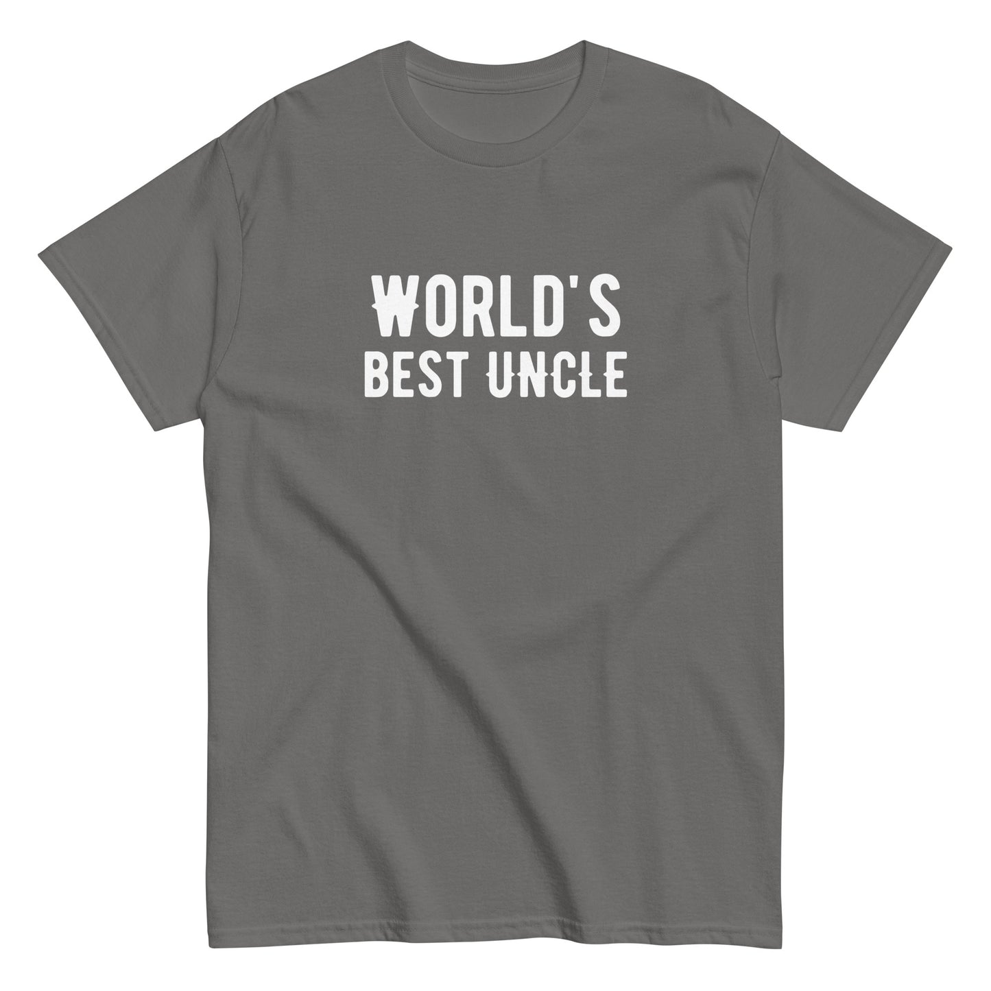 The Worlds Best Uncle T-Shirt by FunnyDripStore is a charcoal tee with bold white text—funny merch thats a perfect gift for your favorite uncle.