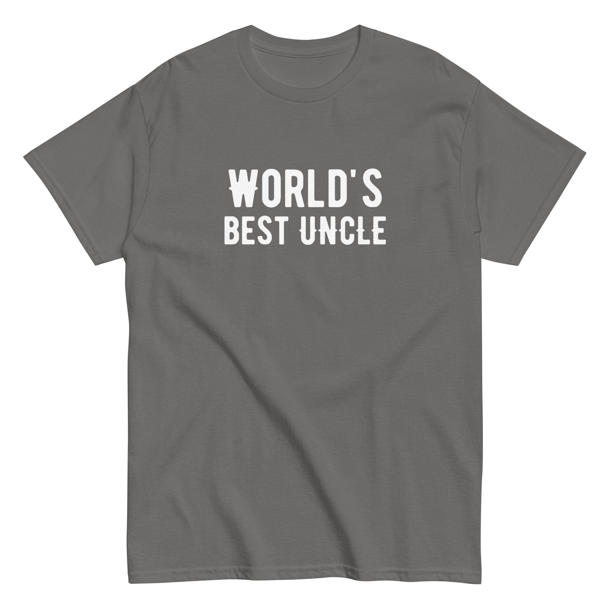 The Worlds Best Uncle T-Shirt by FunnyDripStore is a charcoal tee with bold white text—funny merch thats a perfect gift for your favorite uncle.