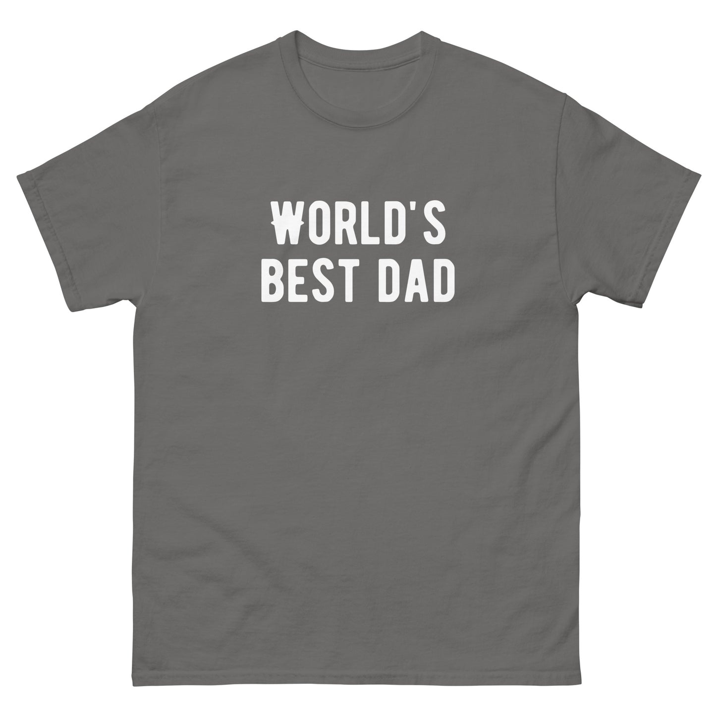 The FunnyDripStore Worlds Best Dad T-Shirt in navy features WORLDS BEST DAD in bold white letters, with the W styled as a mustache—a funny, unique gift for dads who love humorous clothing.