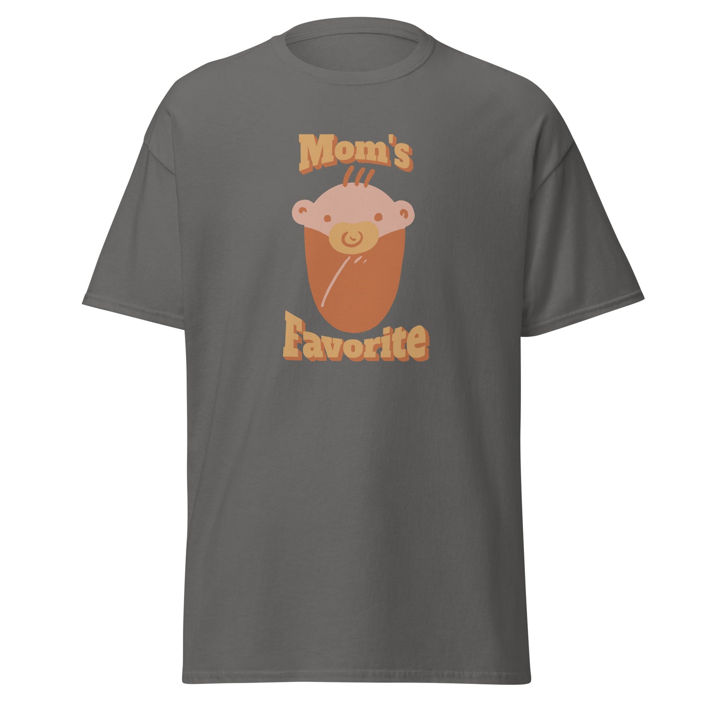 FunnyDripStore’s Moms Favorite T-Shirt in black features a cartoon baby face with a pacifier and “Moms Favorite” text in light brown—a playful, funny tee perfect for anyone who loves to show off their sense of humor!.
