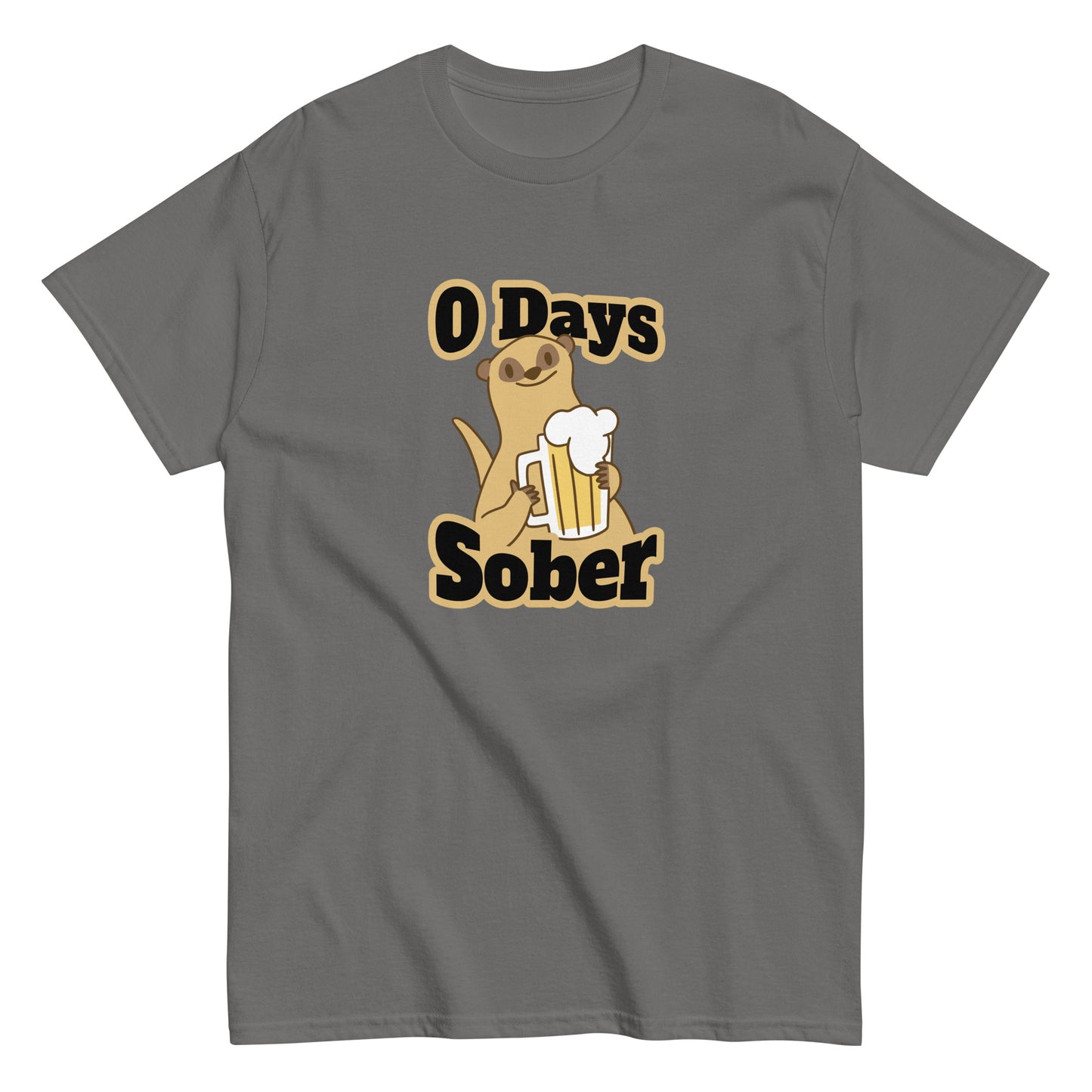 The 0 Days Sober T-Shirt by FunnyDripStore features a cartoon meerkat with a beer mug and bold 0 Days Sober text, printed on a navy shirt—ideal quirky, funny clothing for fans of humorous style.