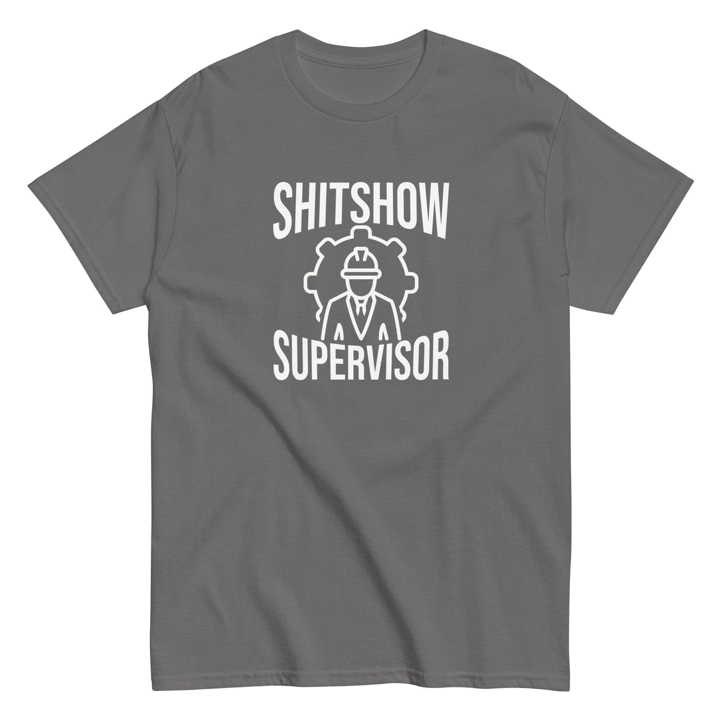 The Shitshow Supervisor T-Shirt by FunnyDripStore features “SHITSHOW SUPERVISOR” in white and a supervisor line drawing—perfect funny merch for meme lovers seeking humor tees.