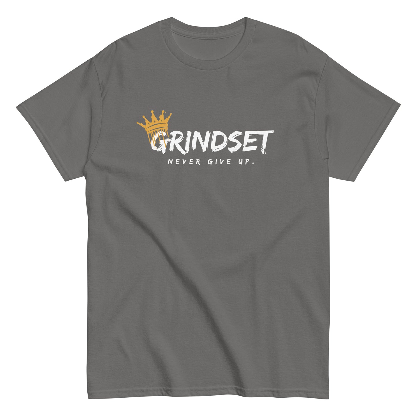 The Grindset T-Shirt by FunnyDripStore is a purple tee featuring GRINDSET in bold white letters with a gold crown over the G, and NEVER GIVE UP. below—ideal for fans of clever text shirts.